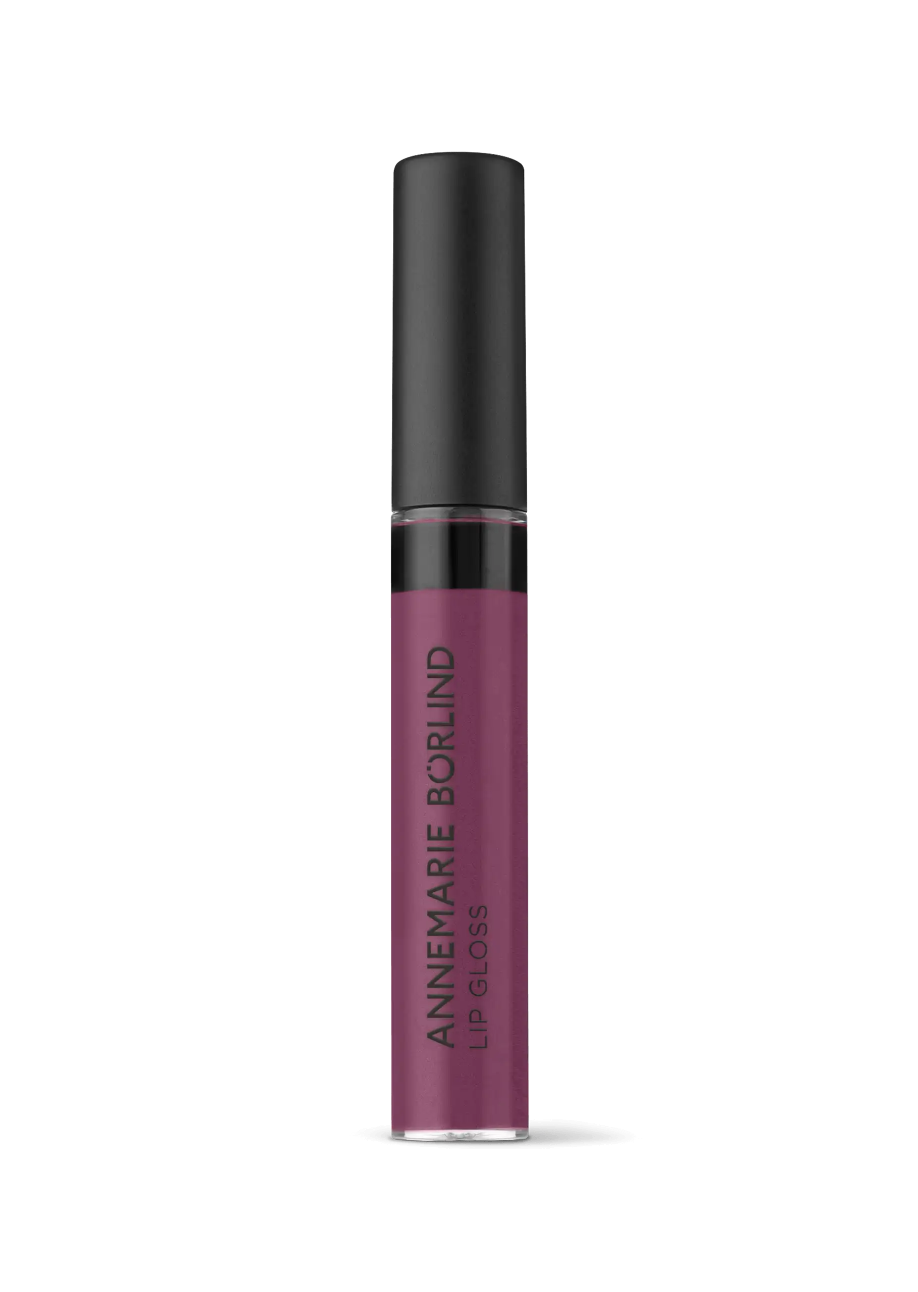 ANNEMARIE BÖRLIND Lip Gloss in dunklem Rubinrot mit schwarzem Deckel vor schwarzem Hintergrund