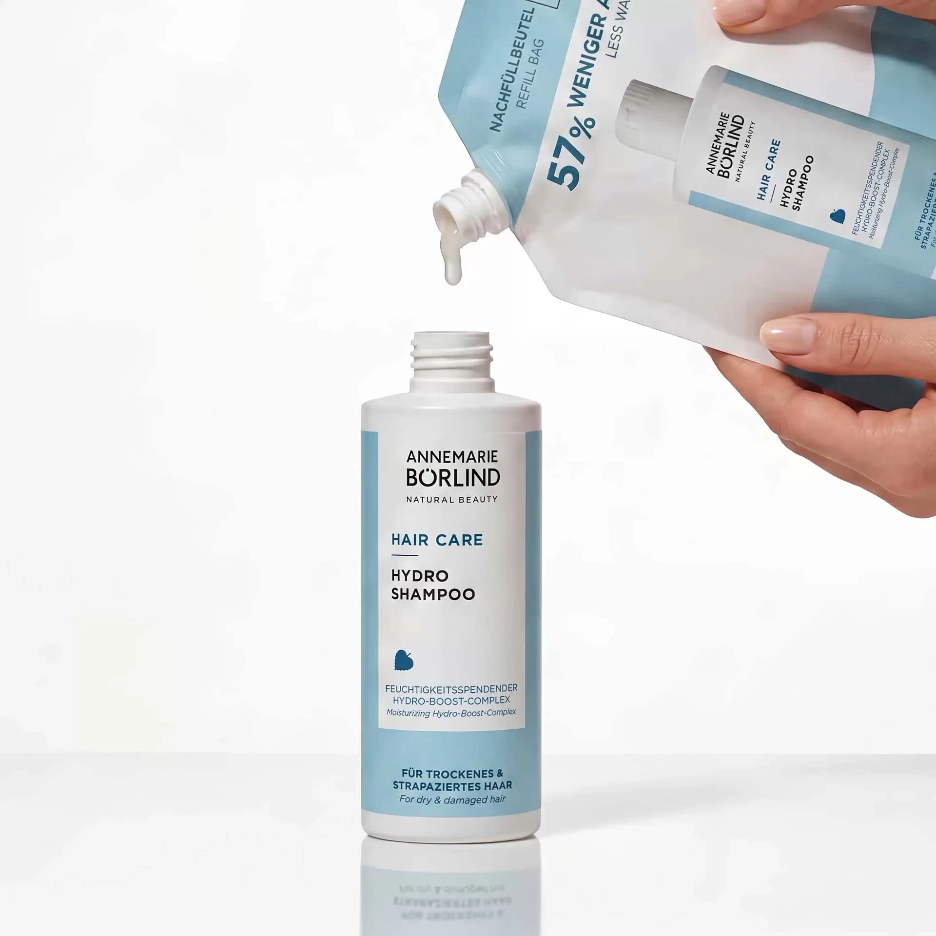 ANNEMARIE BÖRLIND Hydro Shampoo 500ml mit feuchtigkeitsspendendem Hydro-Boost-Complex für trockenes Haar in Anwendung