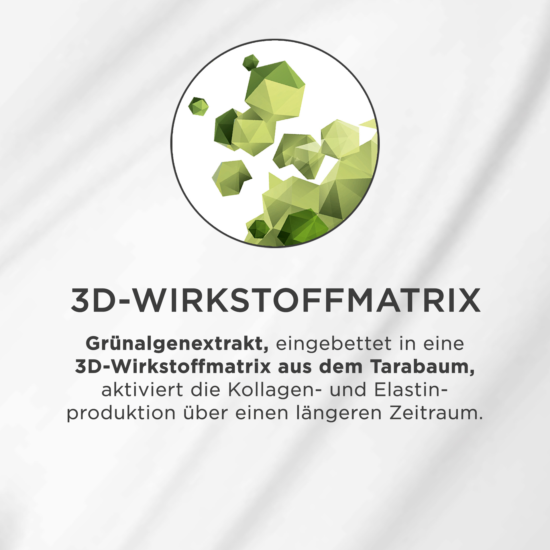 Grünliche 3D-Polygonstruktur symbolisiert Wirkstoffmatrix zur Aktivierung von Kollagen- und Elastinproduktion