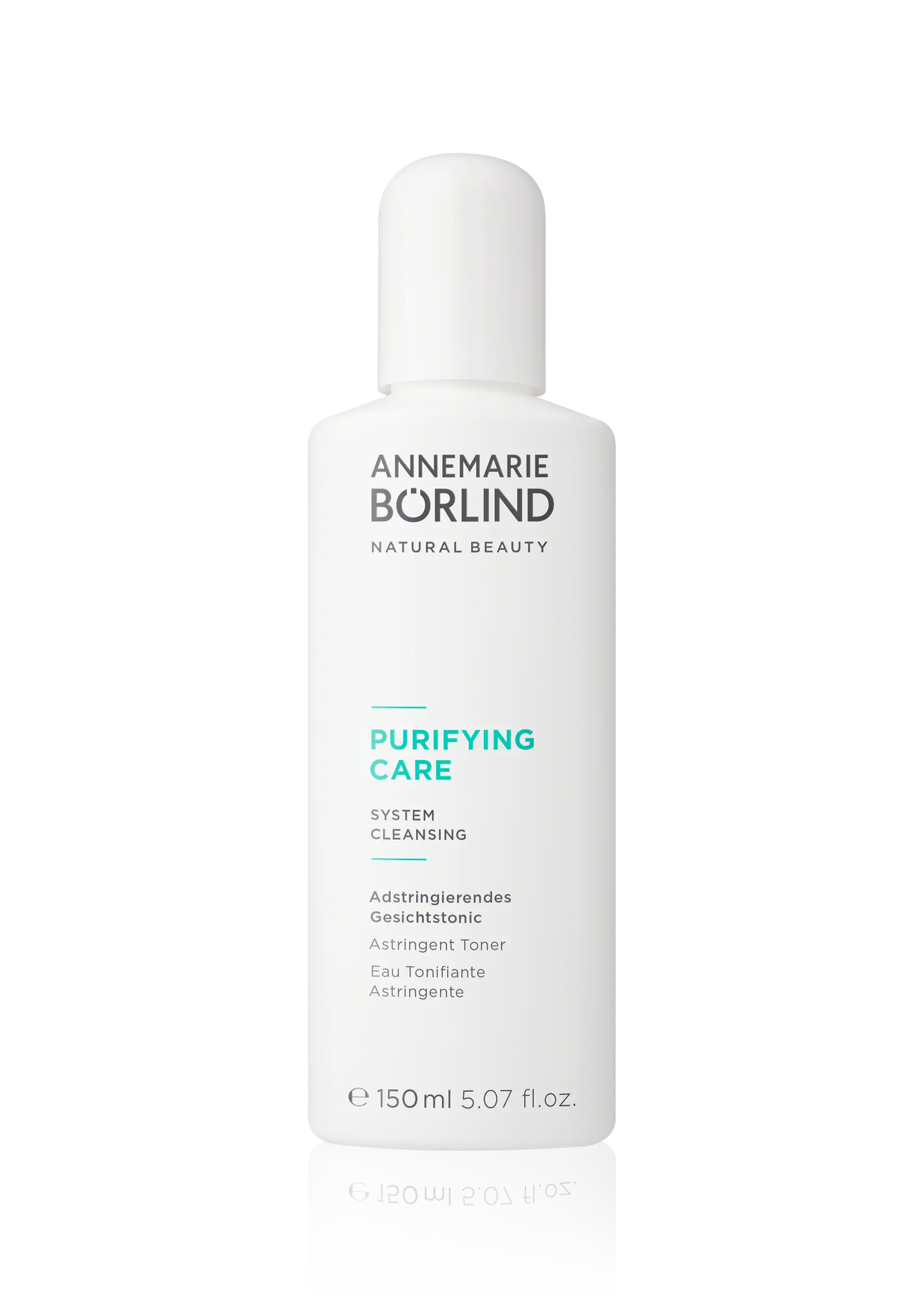 ANNEMARIE BÖRLIND PURIFYING CARE adstringierendes Gesichtstonic in weißer 150-ml-Flasche vor schwarzem Hintergrund