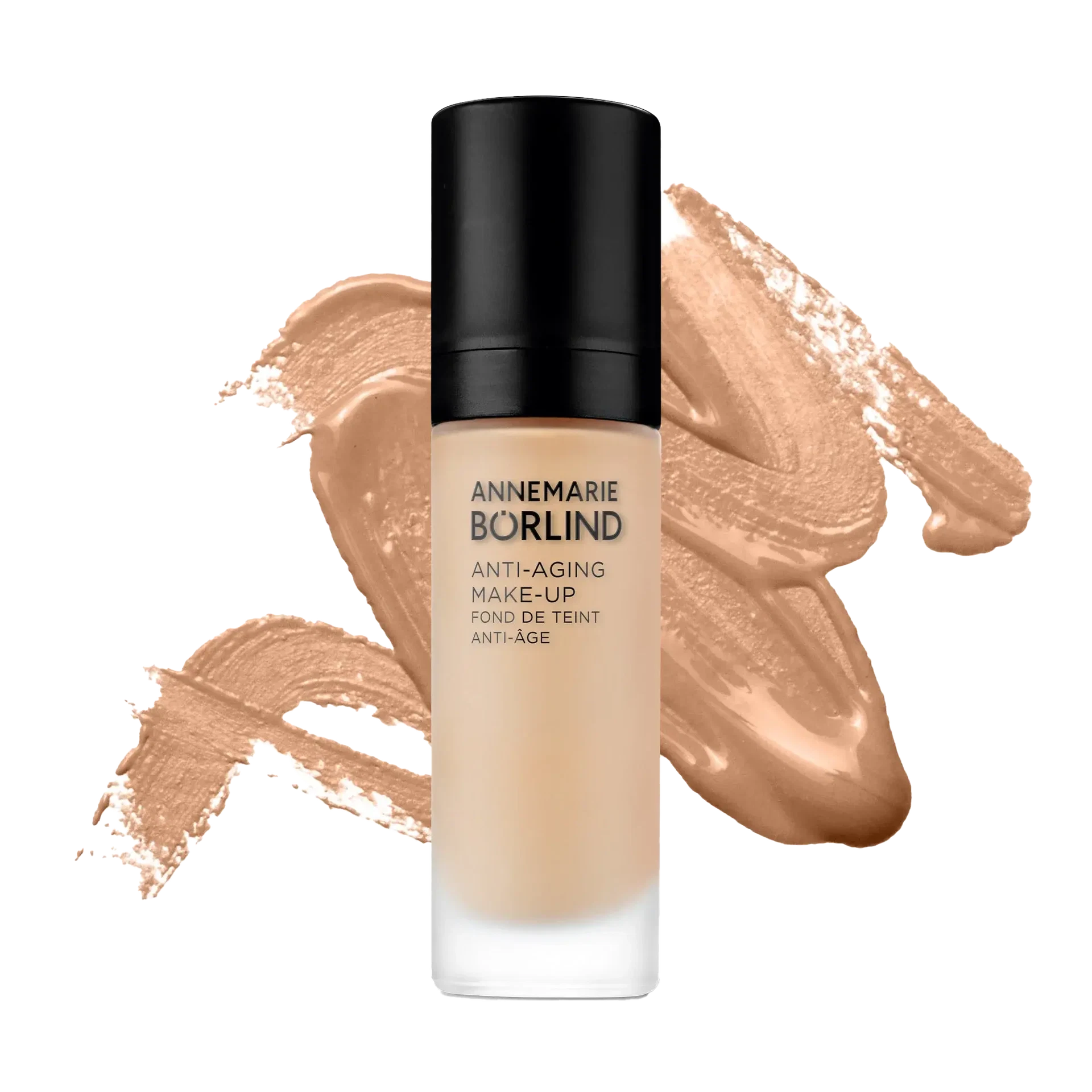 ANNEMARIE BÖRLIND Anti-Aging Make-up in Flasche vor bronzefarbenem Make-up-Swatch