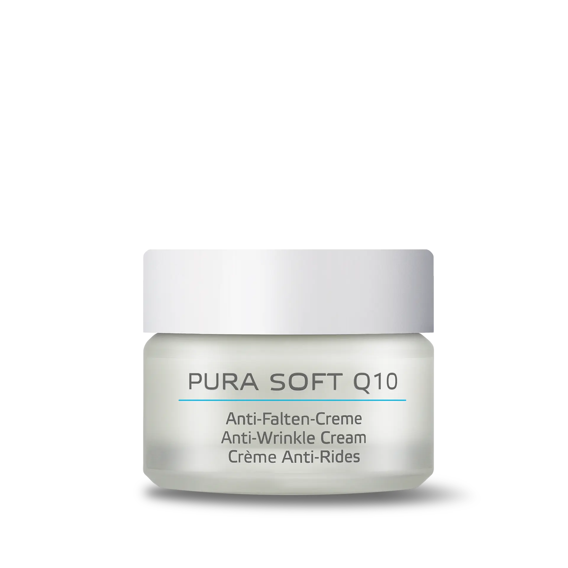 PURA SOFT Q10 Anti-Falten-Creme im 50-ml-Tiegel mit weißem Schraubdeckel auf weißem Hintergrund