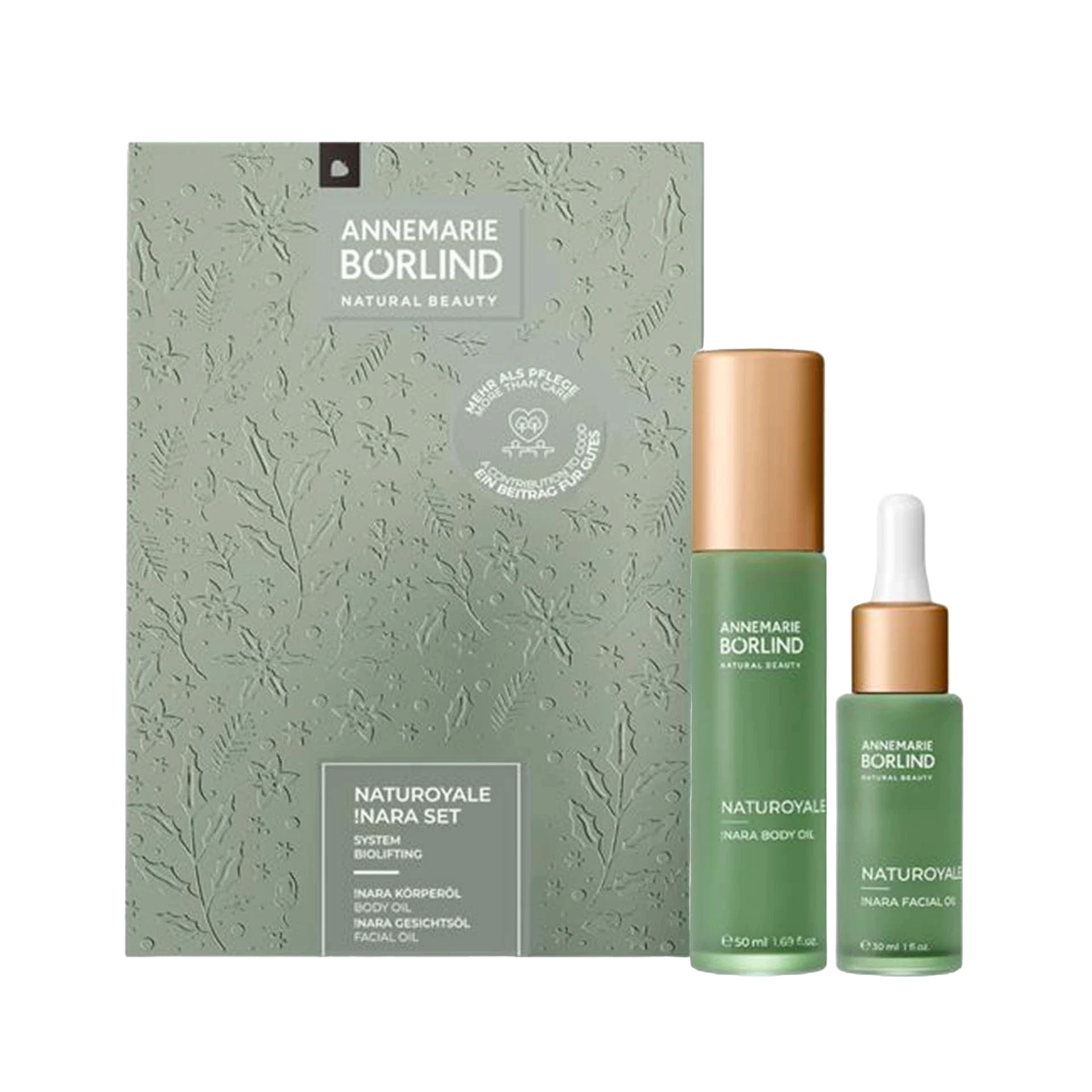 NATUROYALE Nara Facial Oil und Nara Body Oil in grüner Flasche vor Faltschachtel abgebildet