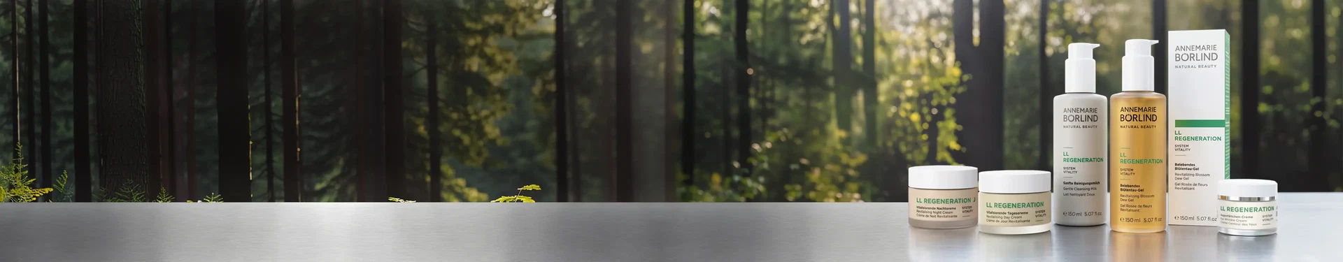 LL Regeneration Produkte vor Waldhintergrund