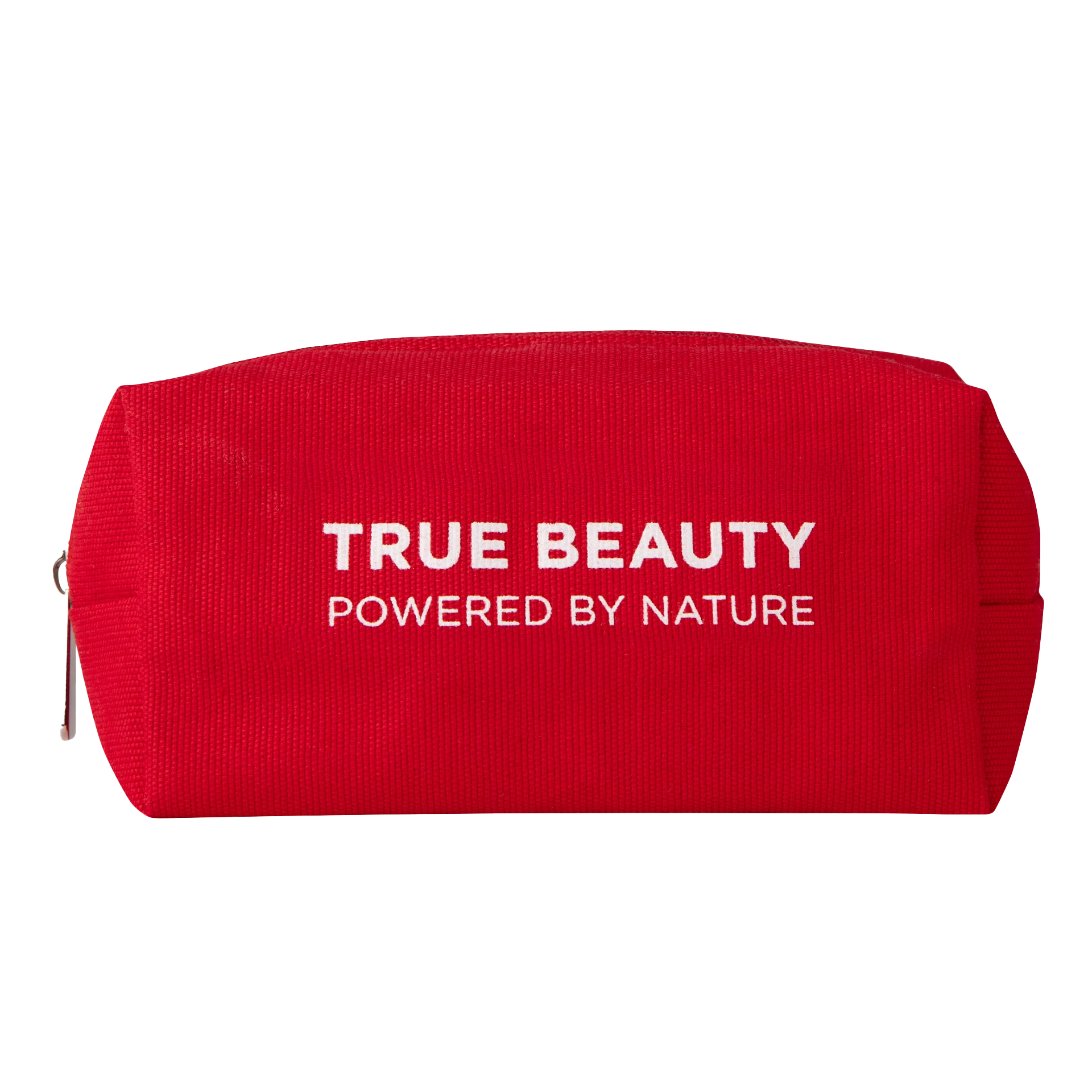 Rote Stofftasche mit weißer Aufschrift "TRUE BEAUTY POWERED BY NATURE" und Reißverschluss