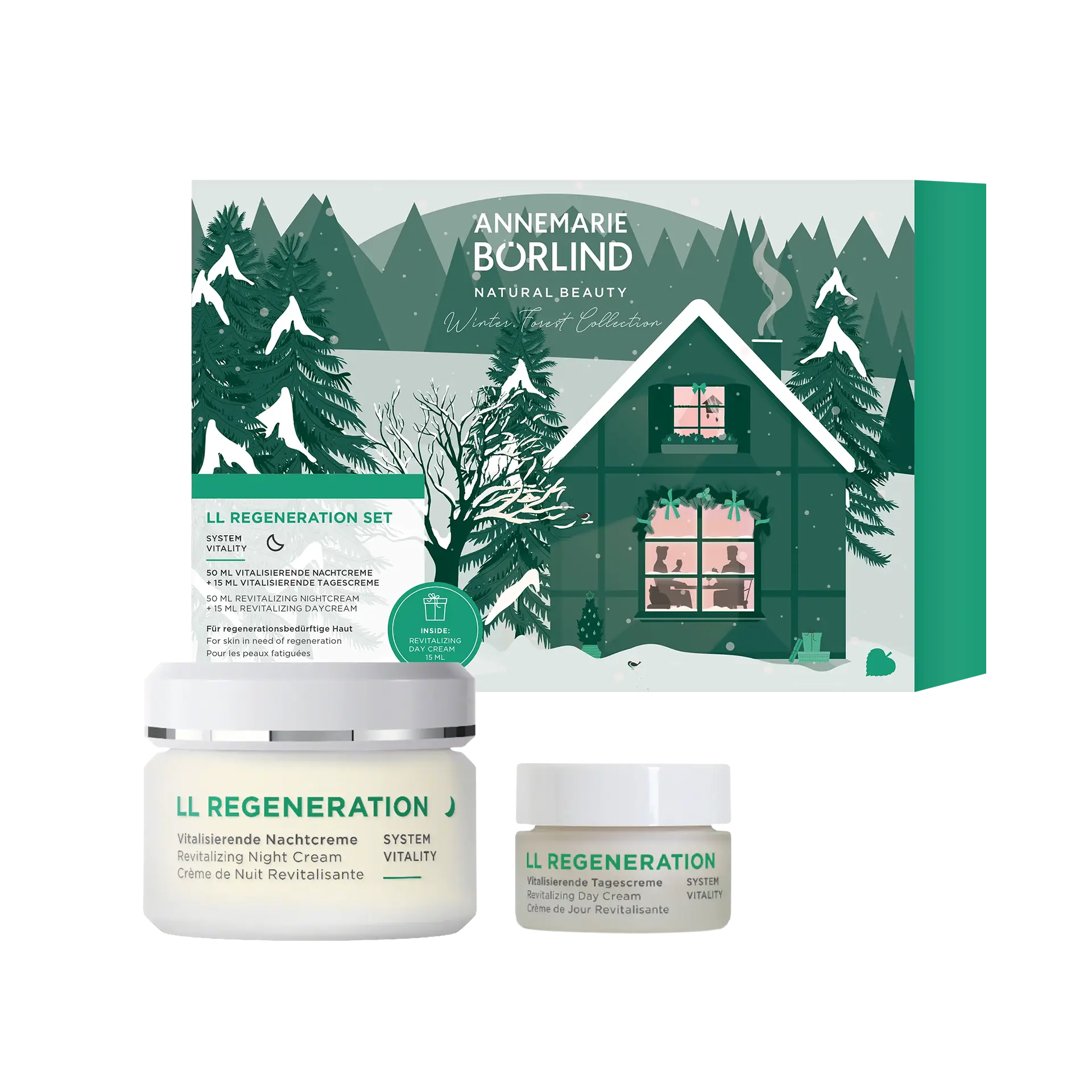 ANNEMARIE BÖRLIND LL REGENERATION Nacht- und Tagescreme im Set mit winterlicher Waldhaus-Verpackung