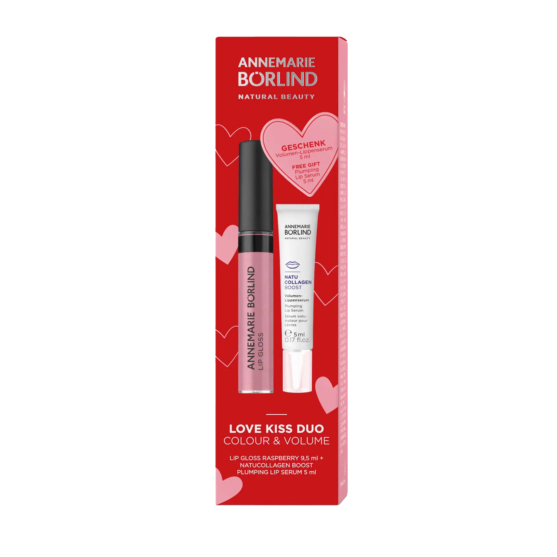 ANNEMARIE BÖRLIND LIP GLOSS und NATUCOLLAGEN BOOST Lippenserum in roter Faltschachtel mit rosa Herzen