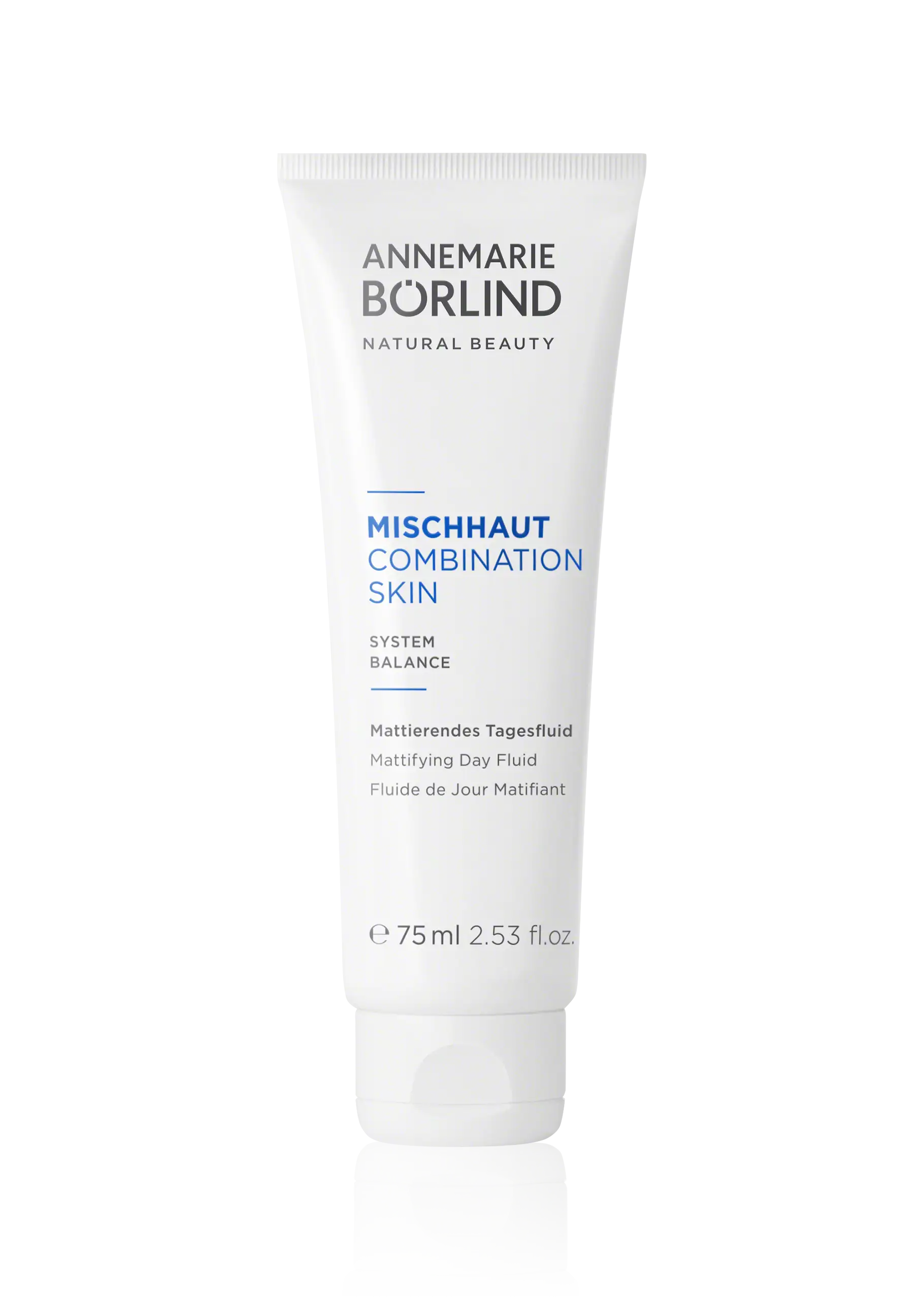 ANNEMARIE BÖRLIND Mattierendes Tagesfluid für Mischhaut in 75-ml-Tube auf schwarzem Hintergrund