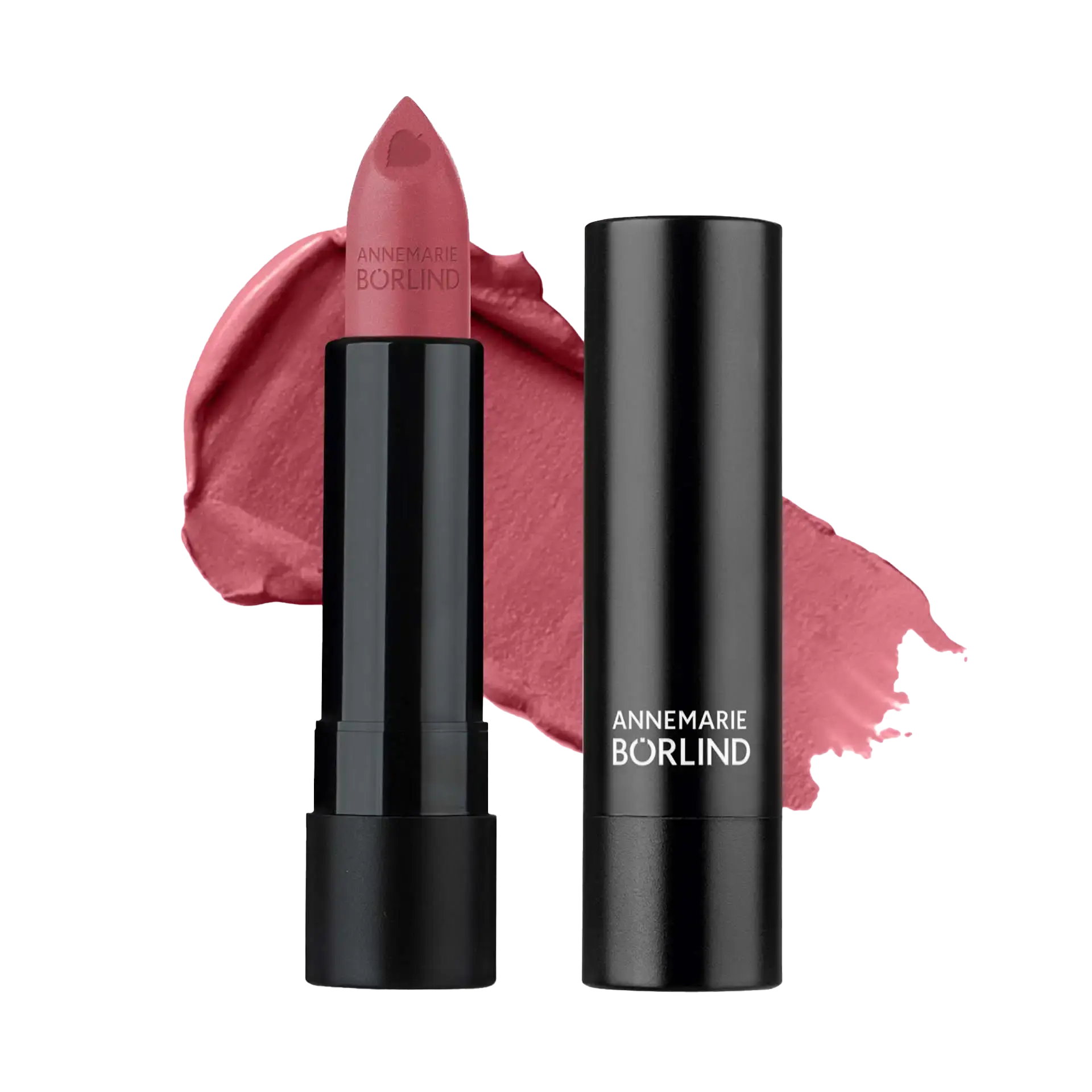 ANNEMARIE BÖRLIND Lippenstift Sienna in mattem Rosé mit schwarzer Hülse und Lippenstiftfarbe im Hintergrund