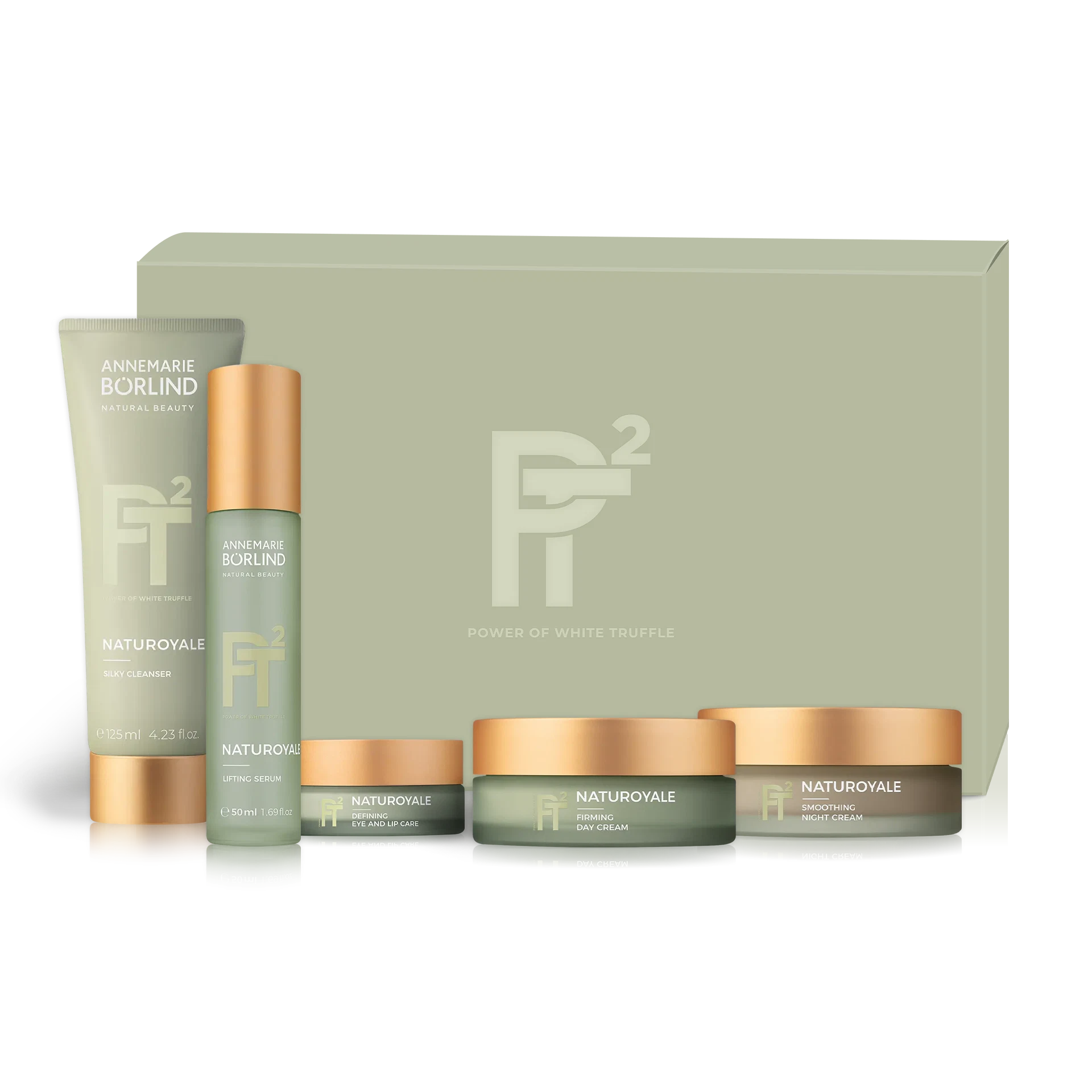 ANNEMARIE BÖRLIND NATUROYALE Reinigung, Serum, Augenpflege, Tages- und Nachtcreme in grünen Verpackungen vor grüner Box mit PT² Logo