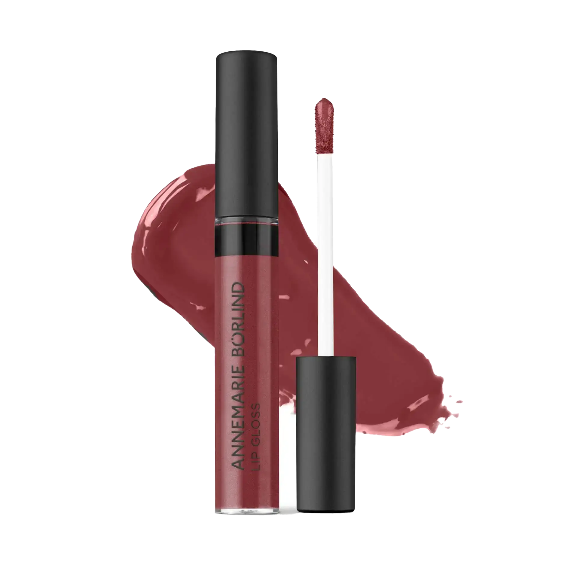 ANNEMARIE BÖRLIND Lip Gloss in dunklem Bronze mit Applikator und Farbklecks im Hintergrund