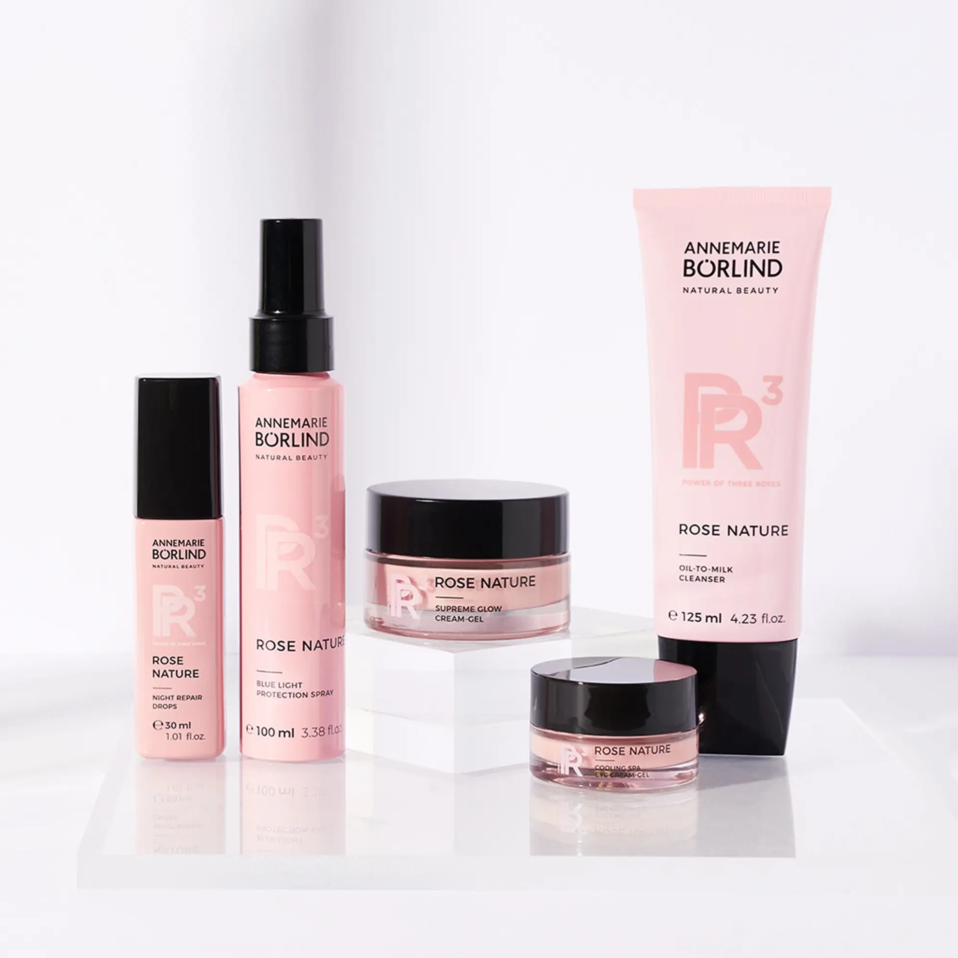 ANNEMARIE BÖRLIND ROSE NATURE Serie mit Cleanser, Cream-Gel, Eye Cream-Gel, Protection Spray und Night Repair Drops