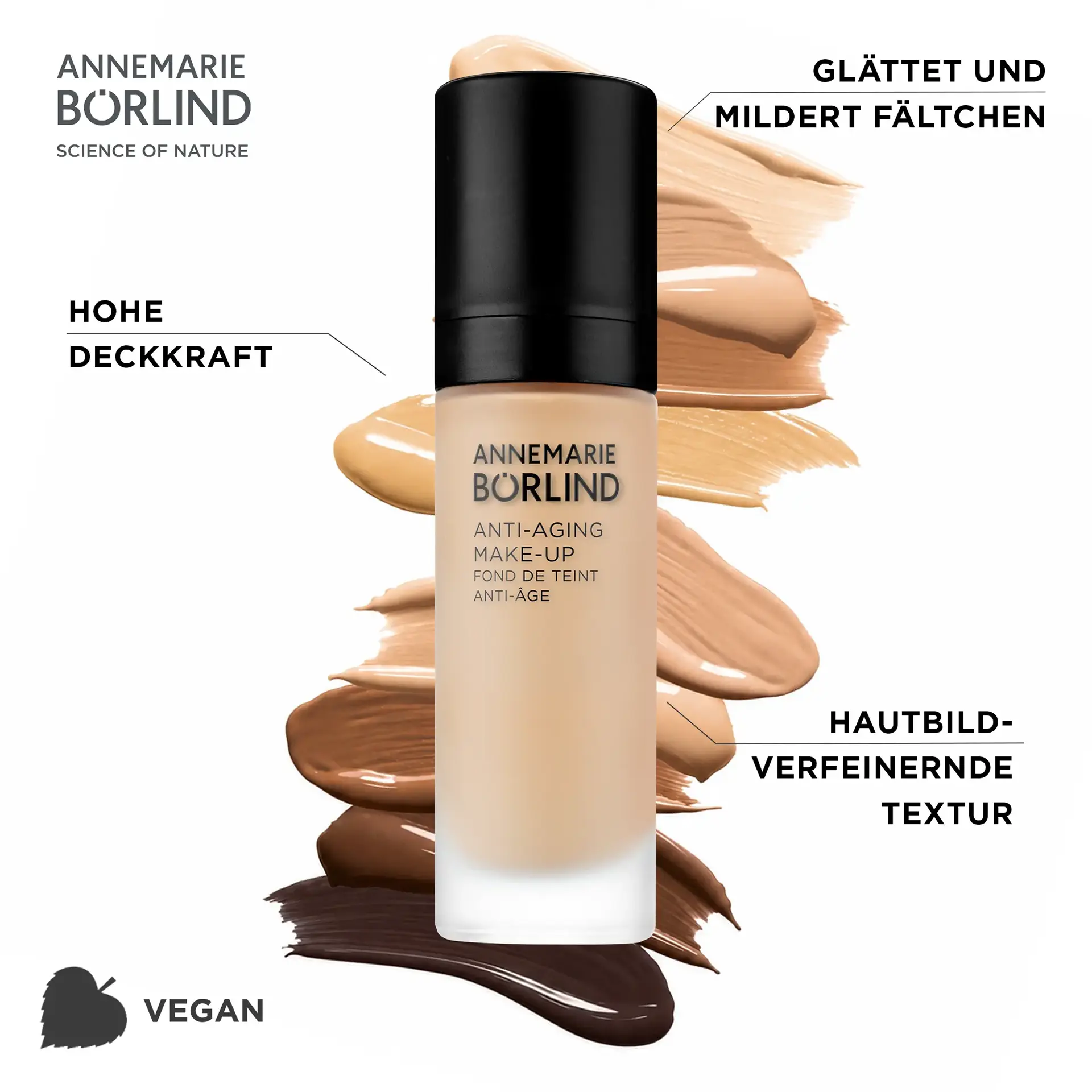 ANNEMARIE BÖRLIND Make-up Teint Anti-Aging in der Farbe Honey, Caramel, Walnut, Dark cremige Textur auf weißem Hintergrund