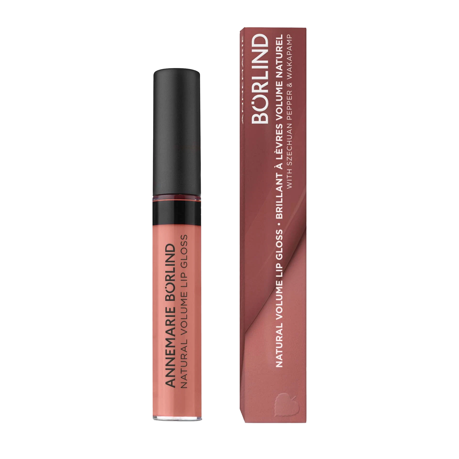ANNEMARIE BÖRLIND Natural Volume Lip Gloss in Nude Hug mit schwarzem Deckel und Verpackung in Rosé