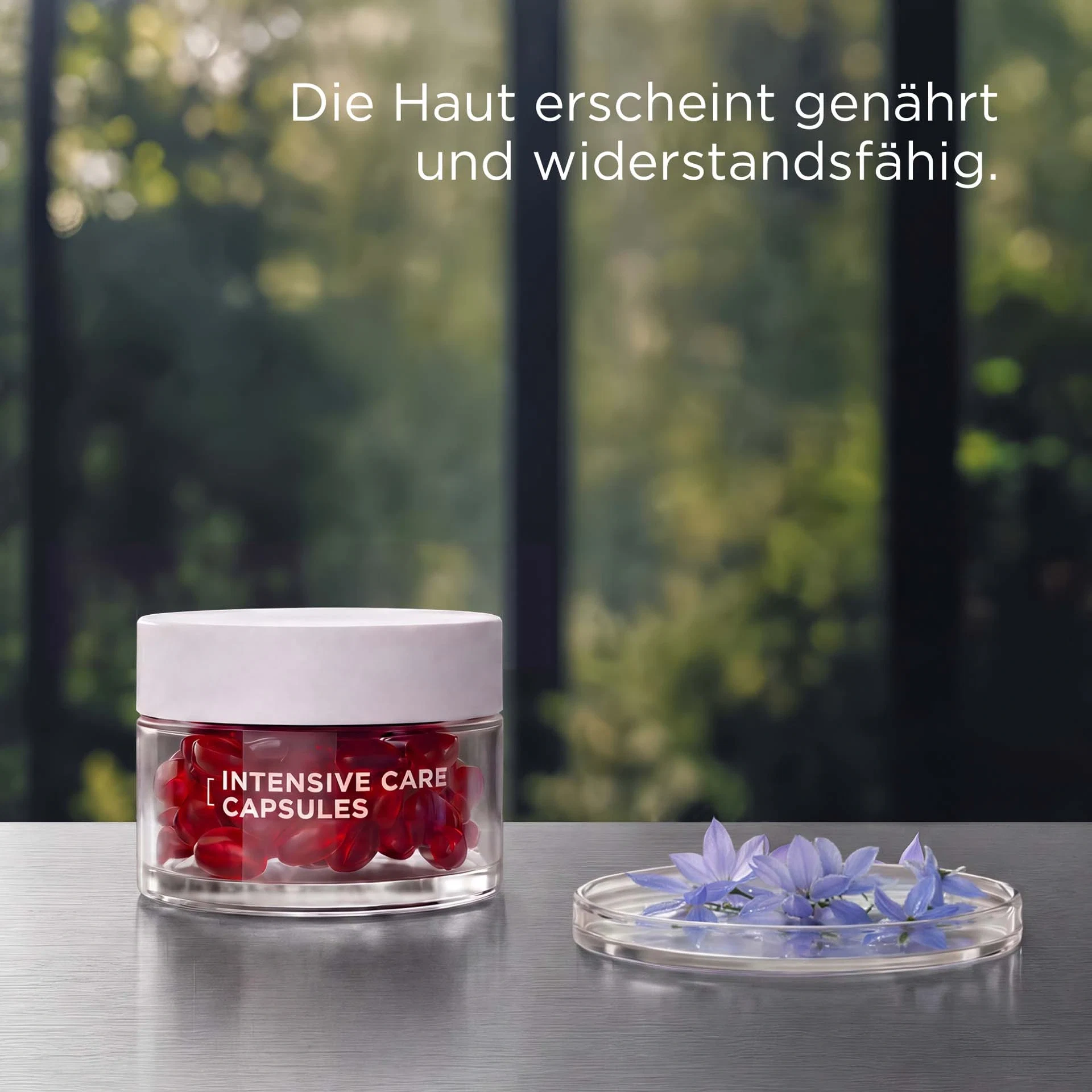 INTENSIVE CARE CAPSULES Tiegel mit weißer Schrift vor Waldhintergrund mit USP DE