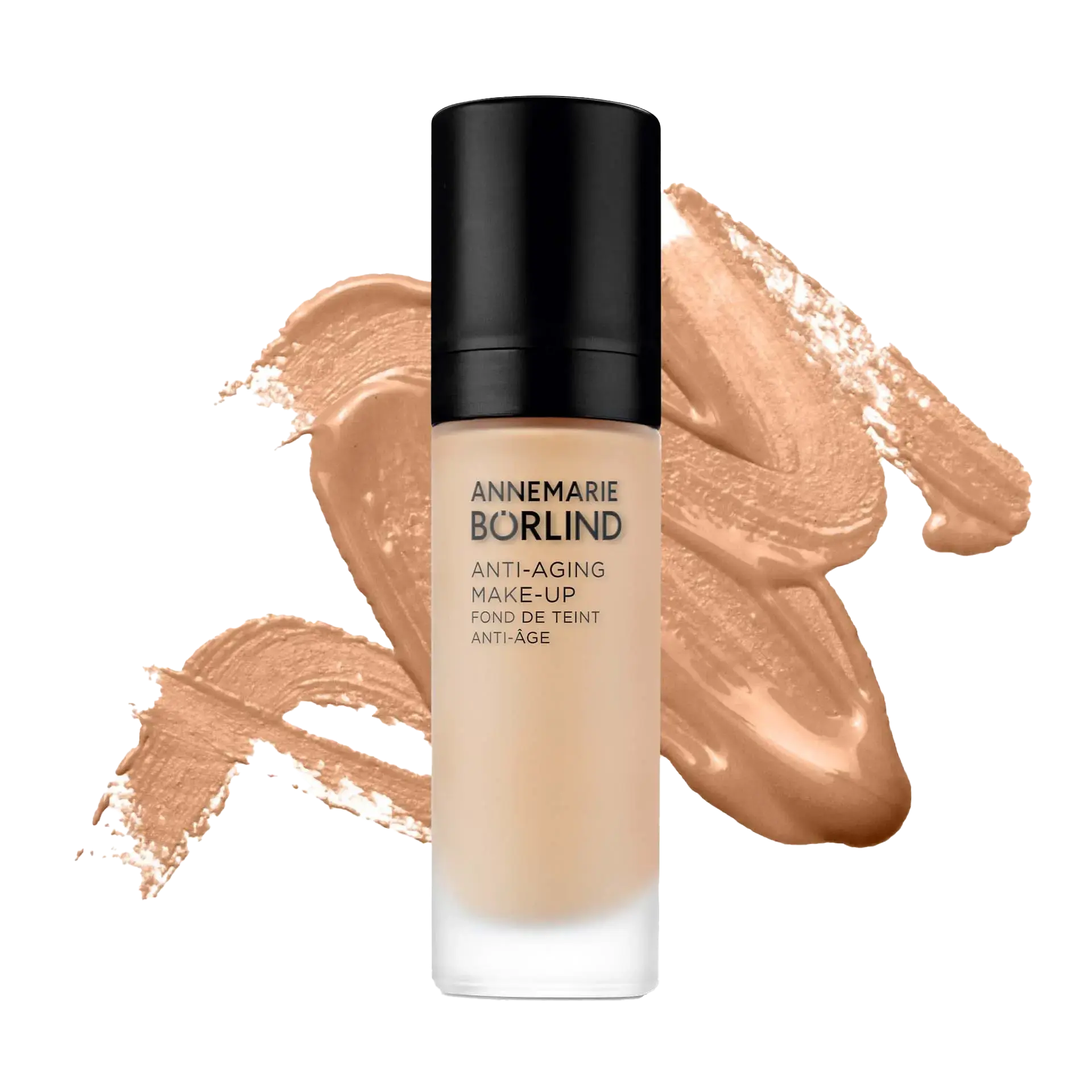ANNEMARIE BÖRLIND Anti-Aging Make-up in Flasche vor Make-up-Farbklecksen in Haselnuss-Ton
