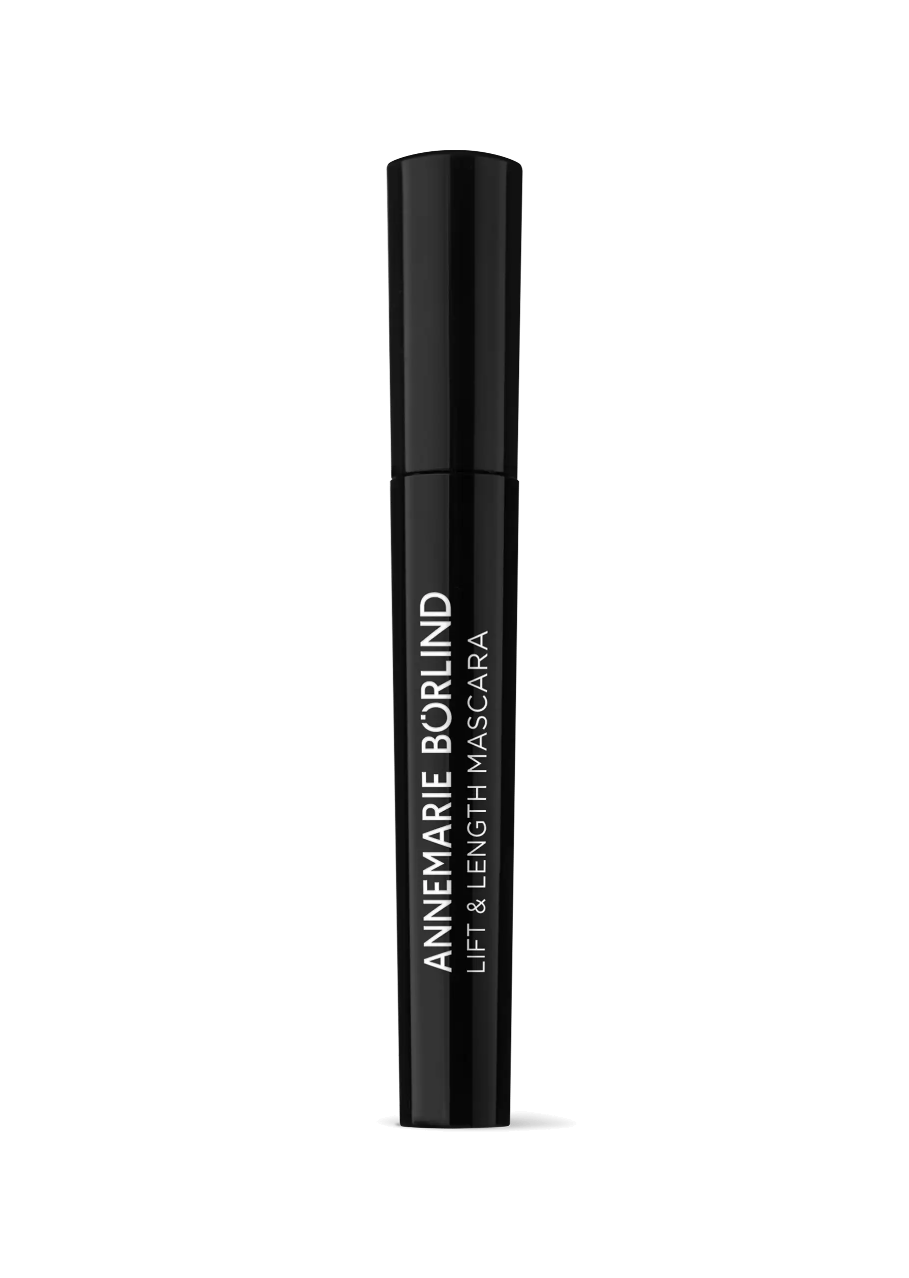 ANNEMARIE BÖRLIND Lift & Length Mascara in schwarzer, schlanker 9-ml-Flasche vor schwarzem Hintergrund
