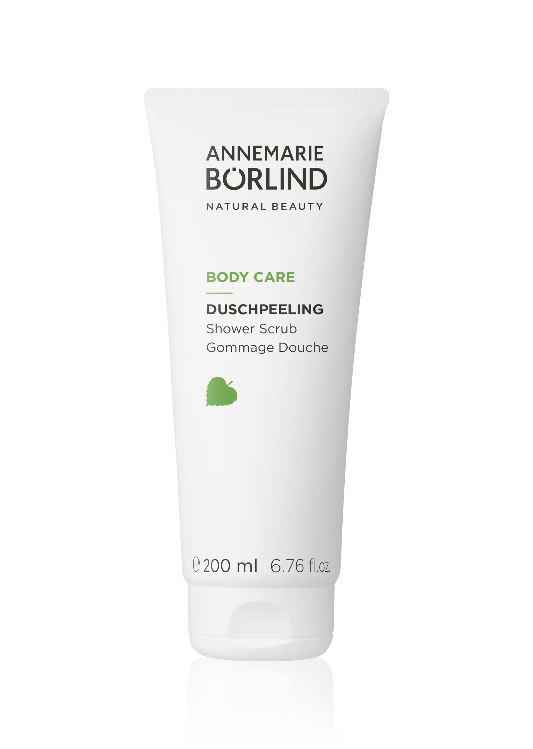 ANNEMARIE BÖRLIND Body Care Duschpeeling in 200-ml-Tube mit grünem Blattsymbol auf weißem Hintergrund