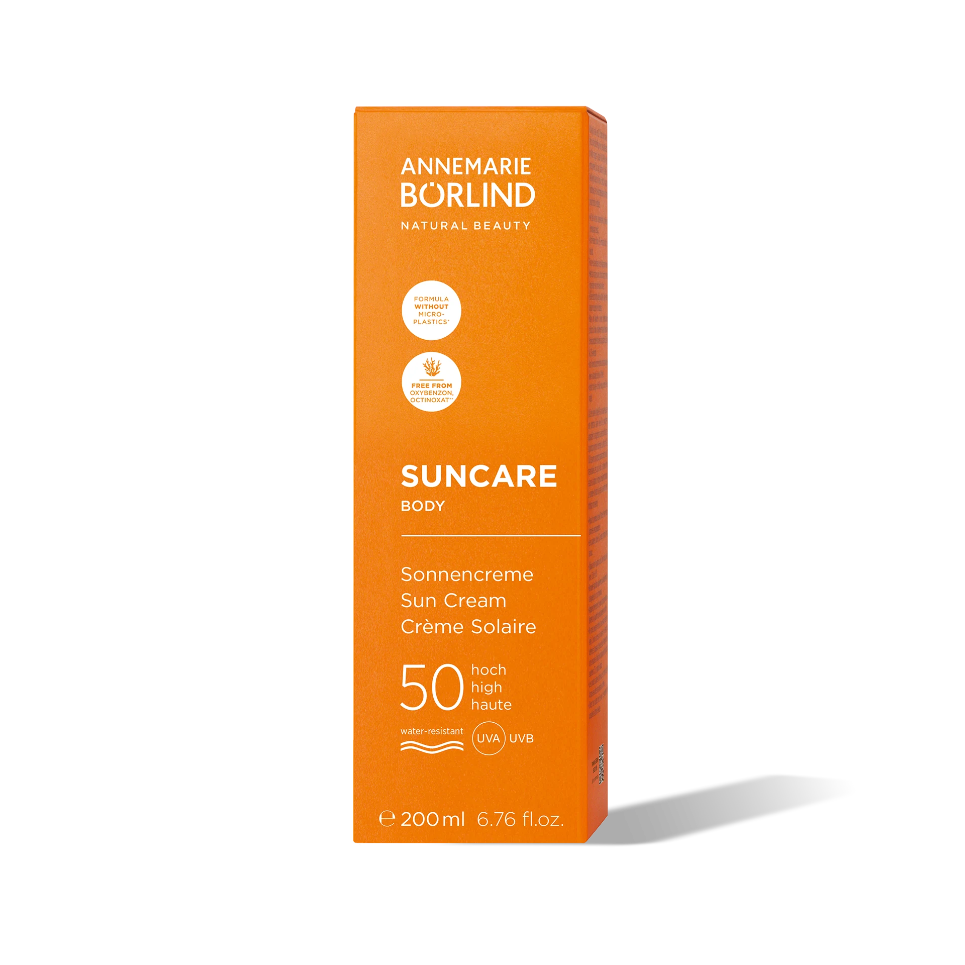 ANNEMARIE BÖRLIND SUNCARE Body Sonnencreme LSF 50, wasserfest, 200 ml Verpackung vor hellem Hintergrund