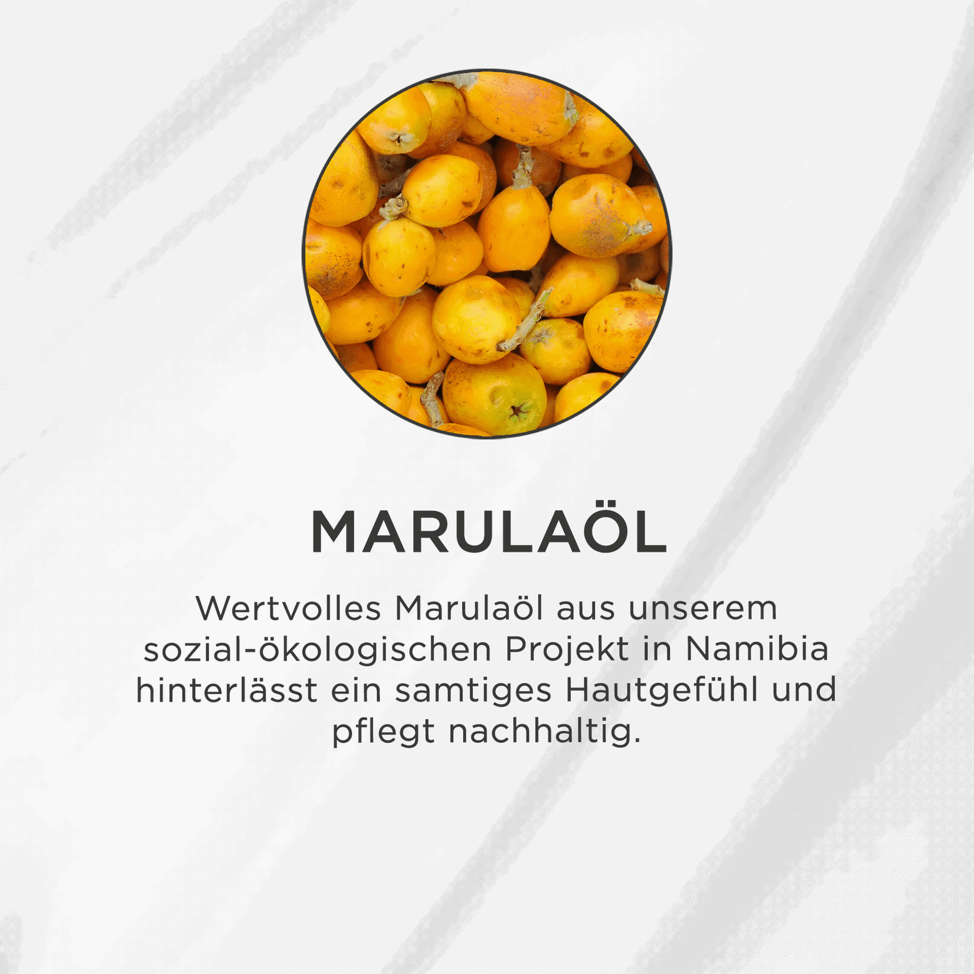 Gelbe Marulafrüchte in Nahaufnahme, rundes Bild auf weißem Hintergrund mit Text darunter