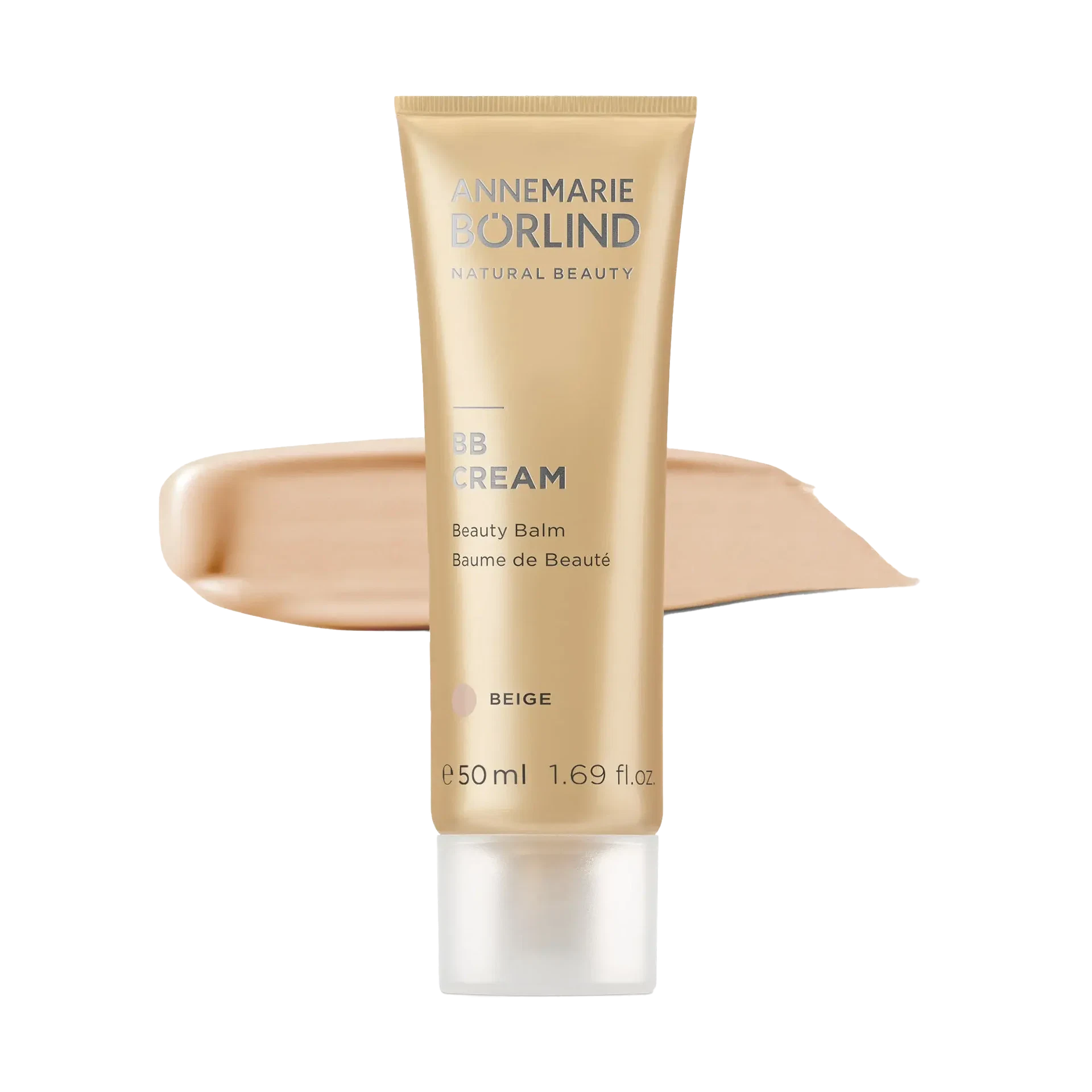 ANNEMARIE BÖRLIND BB CREAM Beauty Balm in Beige mit 50 ml, cremige Textur als Swatch im Hintergrund