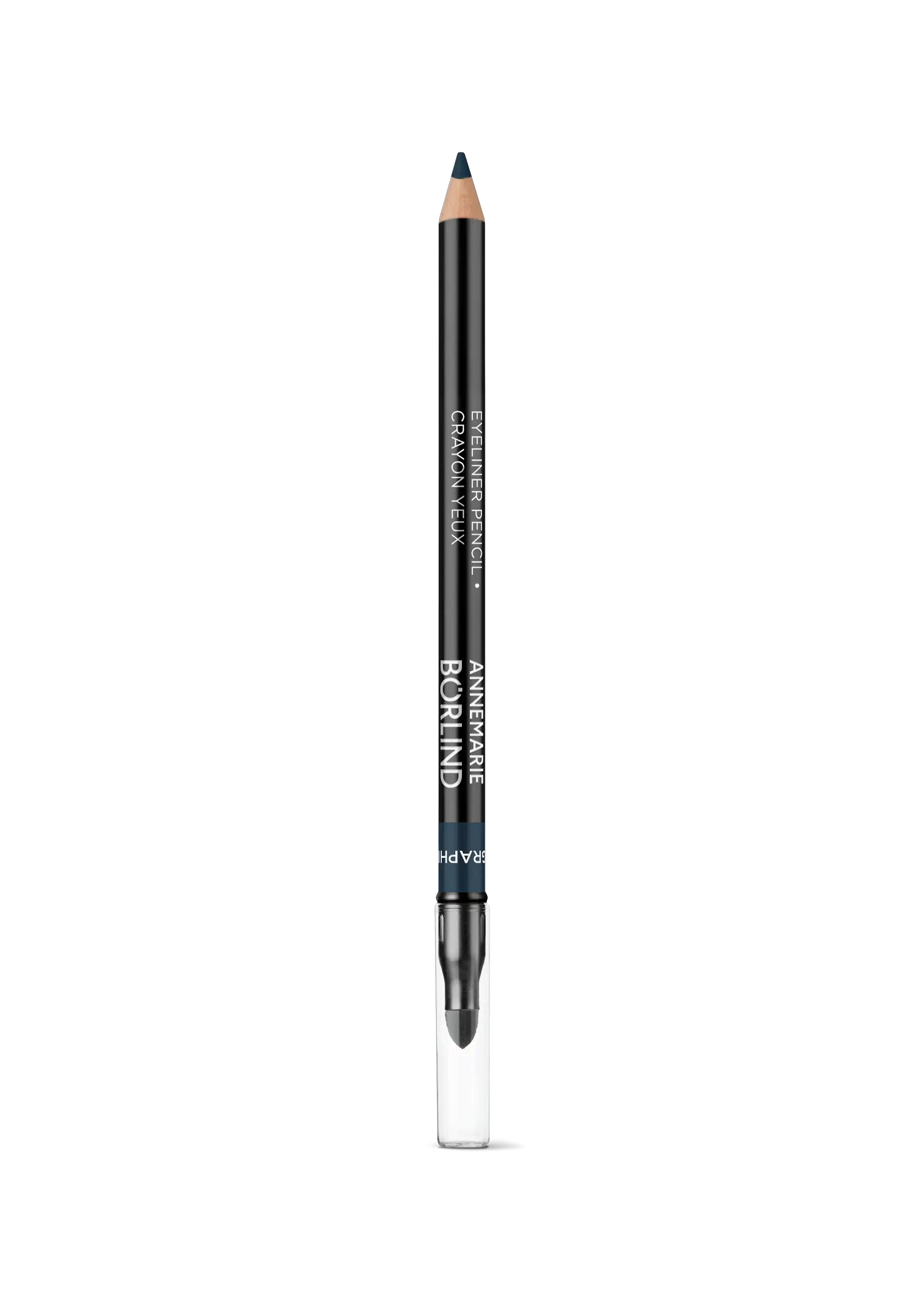 ANNEMARIE BÖRLIND Eyeliner-Stift Graphite mit Anspitzer und transparentem Schutzkappe auf schwarzem Hintergrund
