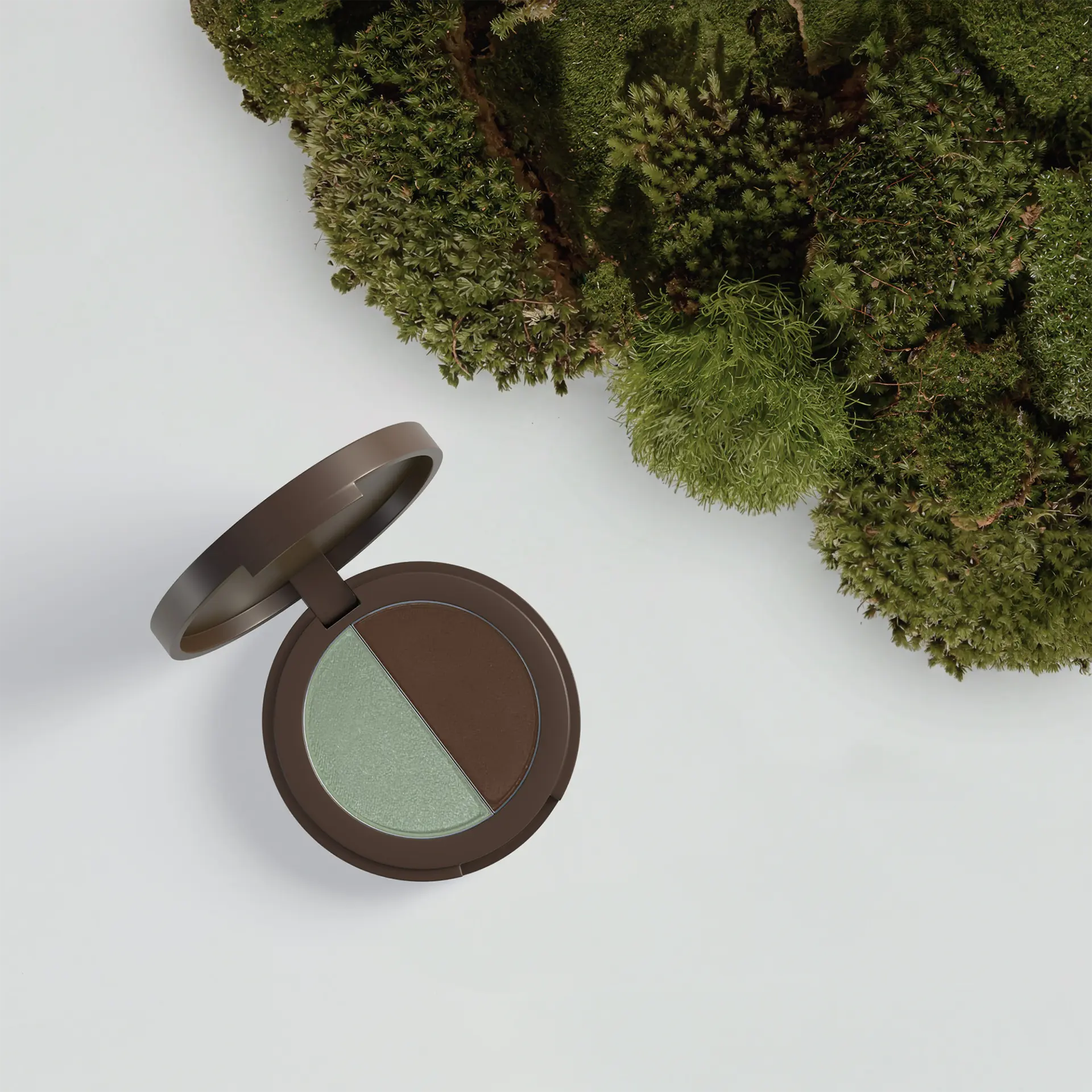 ANNEMARIE BÖRLIND DUO EYE SHADOW Dose in dunkelbraun geöffnet neben grünem Moos