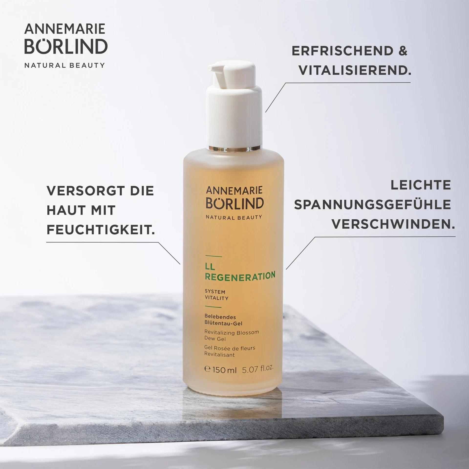ANNEMARIE BÖRLIND LL REGENERATION Belebendes Blütentau-Gel mit 150 ml auf grauem Steinplatte