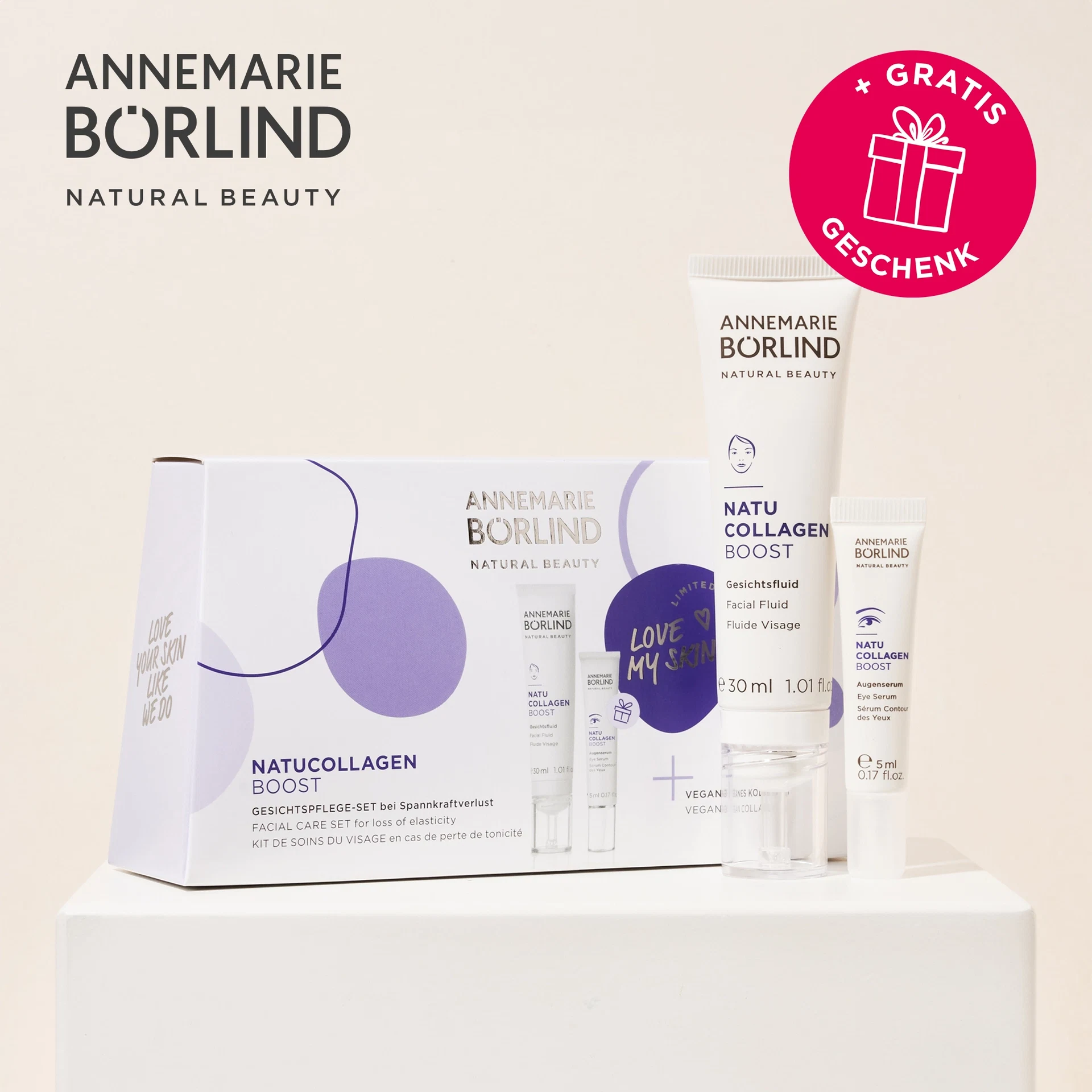 ANNEMARIE BÖRLIND NATUCOLLAGEN BOOST Gesichtspflege-Set mit Gesichtsfluid, Augenserum und Gratisgeschenk-Hinweis
