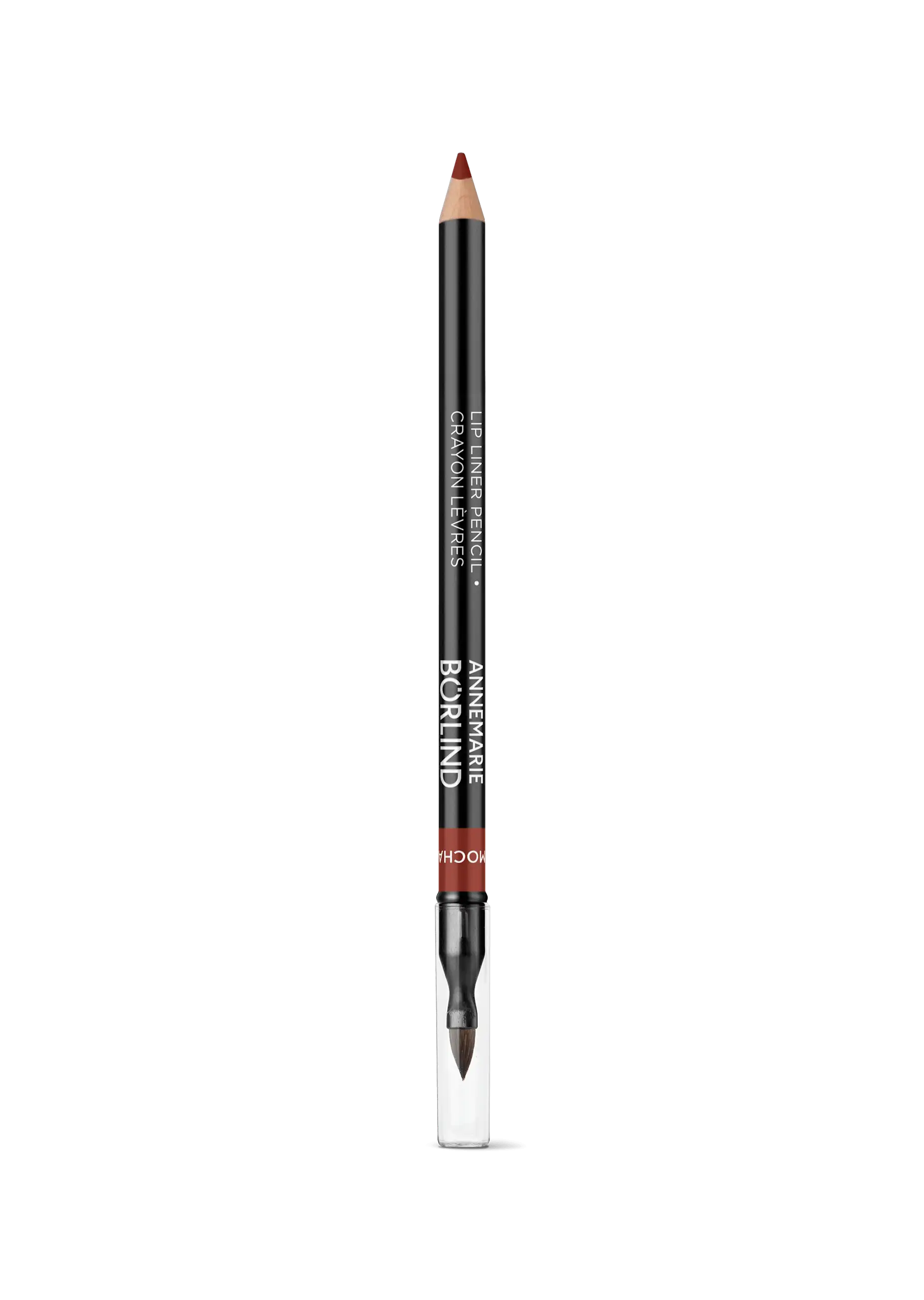 ANNEMARIE BÖRLIND Lippenkonturenstift Mocha mit Pinselspitze, offen, schwarze Hülse, rote Mine