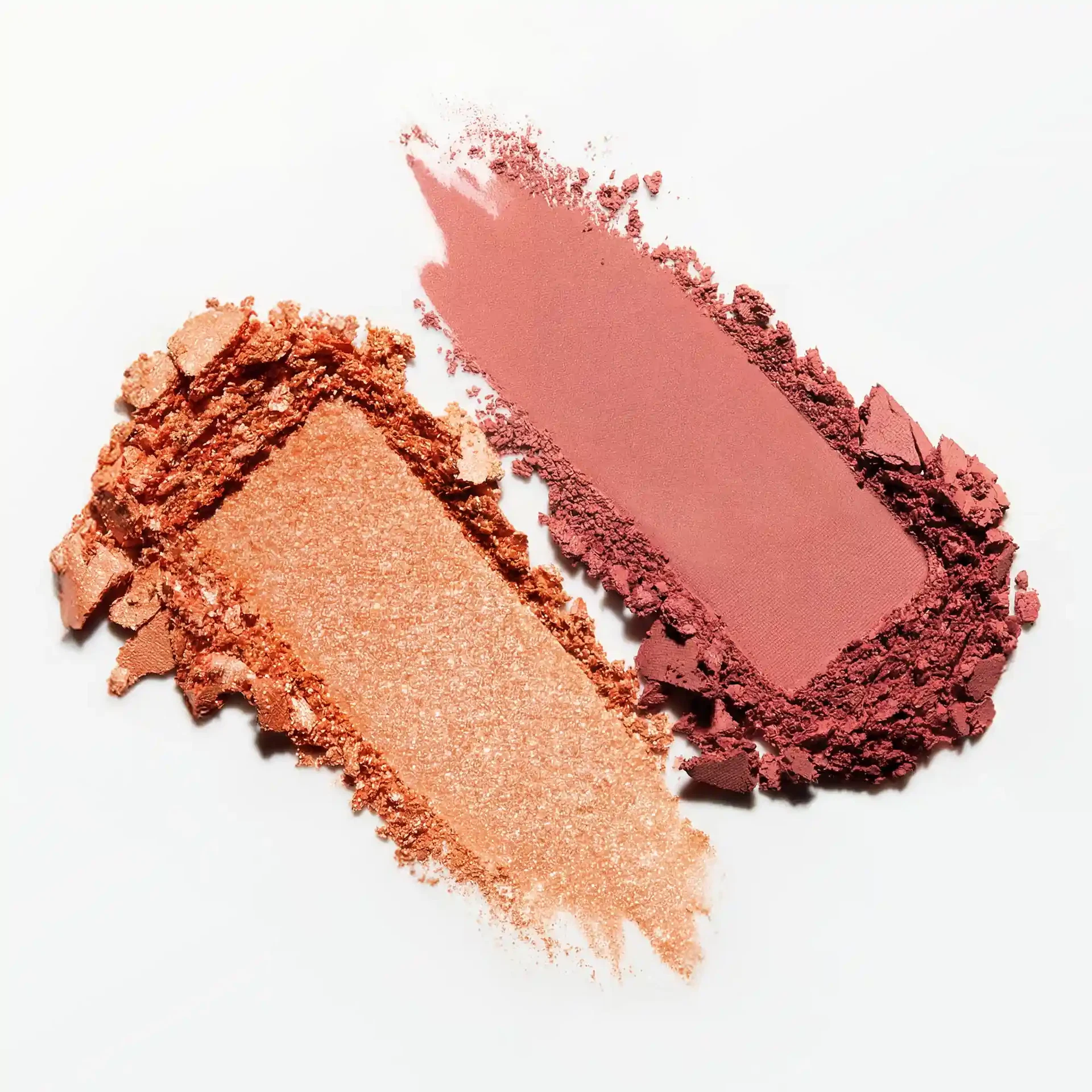 Textur-Swatches des DUO BLUSH & EYE SHADOW in schimmerndem Pfirsich und mattem Rosé