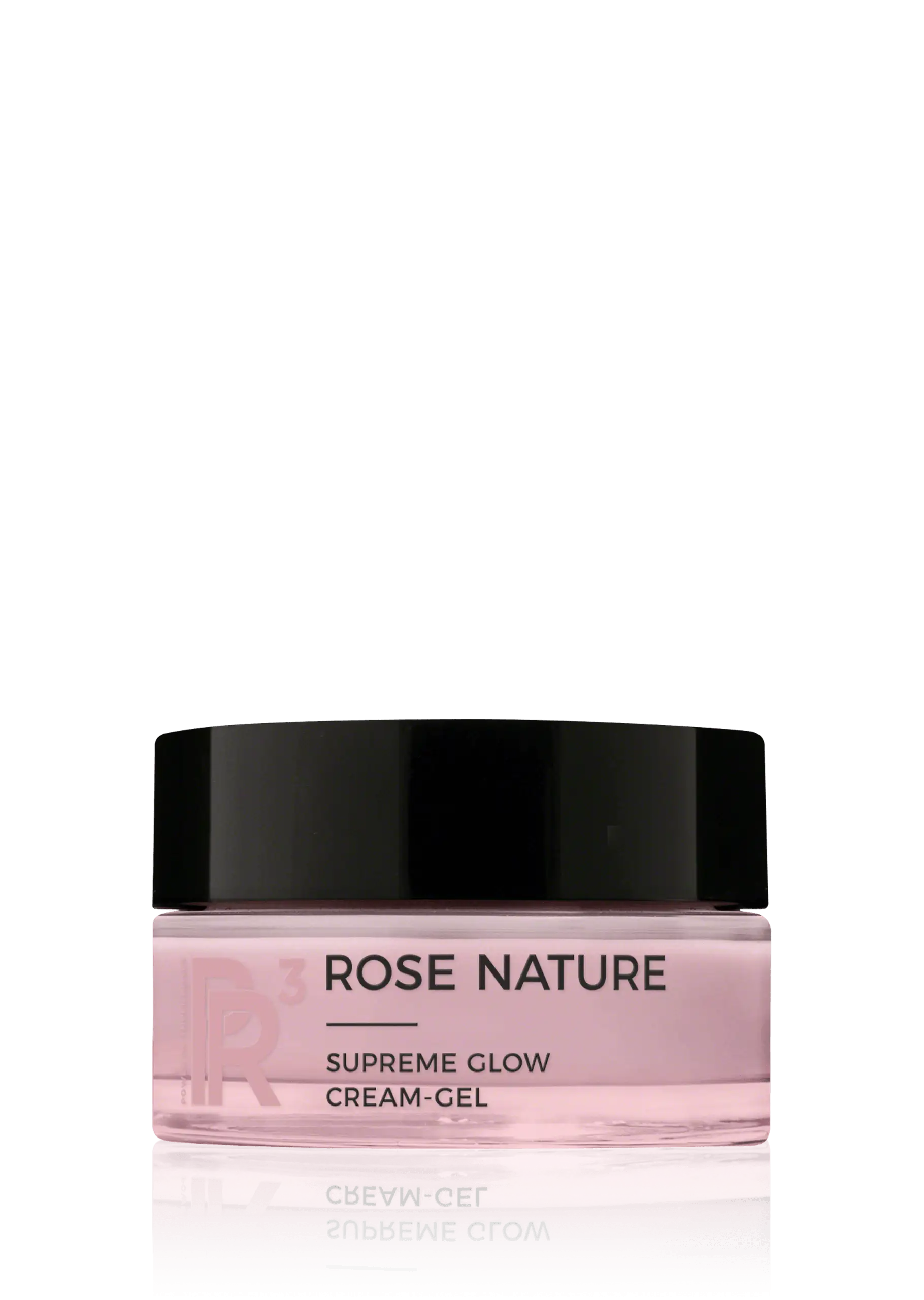 ROSE NATURE Supreme Glow Cream-Gel im rosa Tiegel mit schwarzem Deckel, Produktname sichtbar