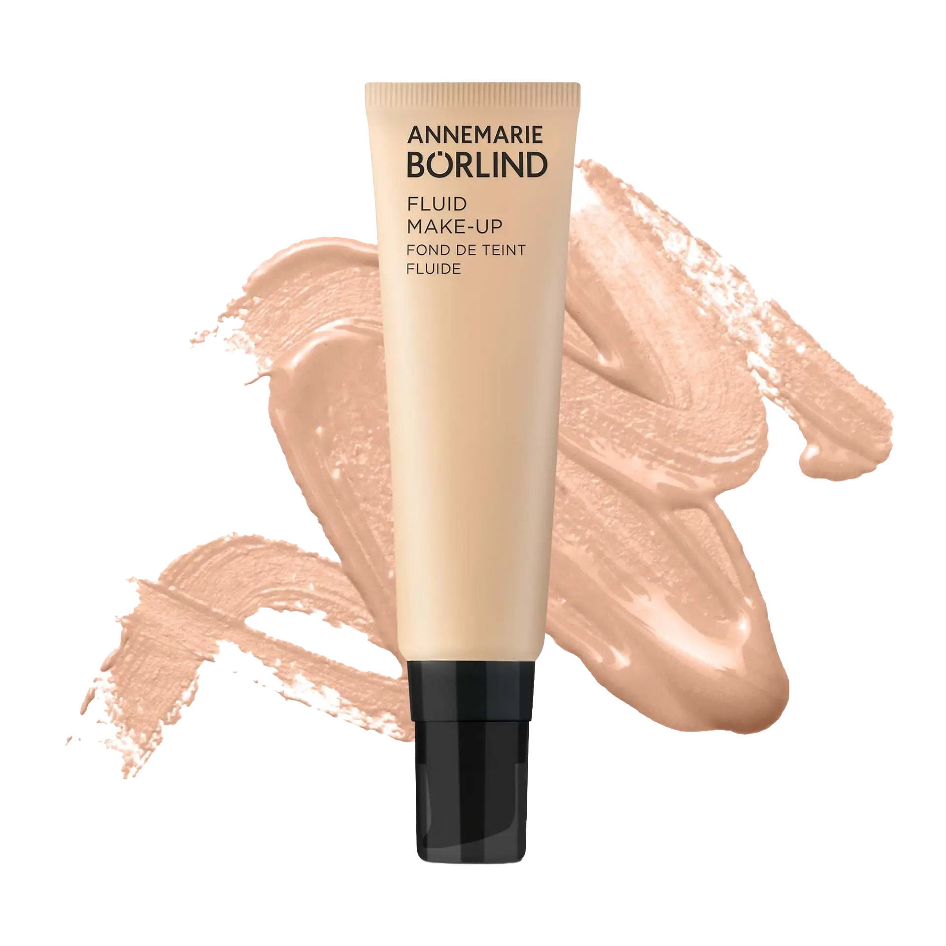 ANNEMARIE BÖRLIND Fluid Make-up in heller Nuance mit cremiger Textur als Swatch im Hintergrund