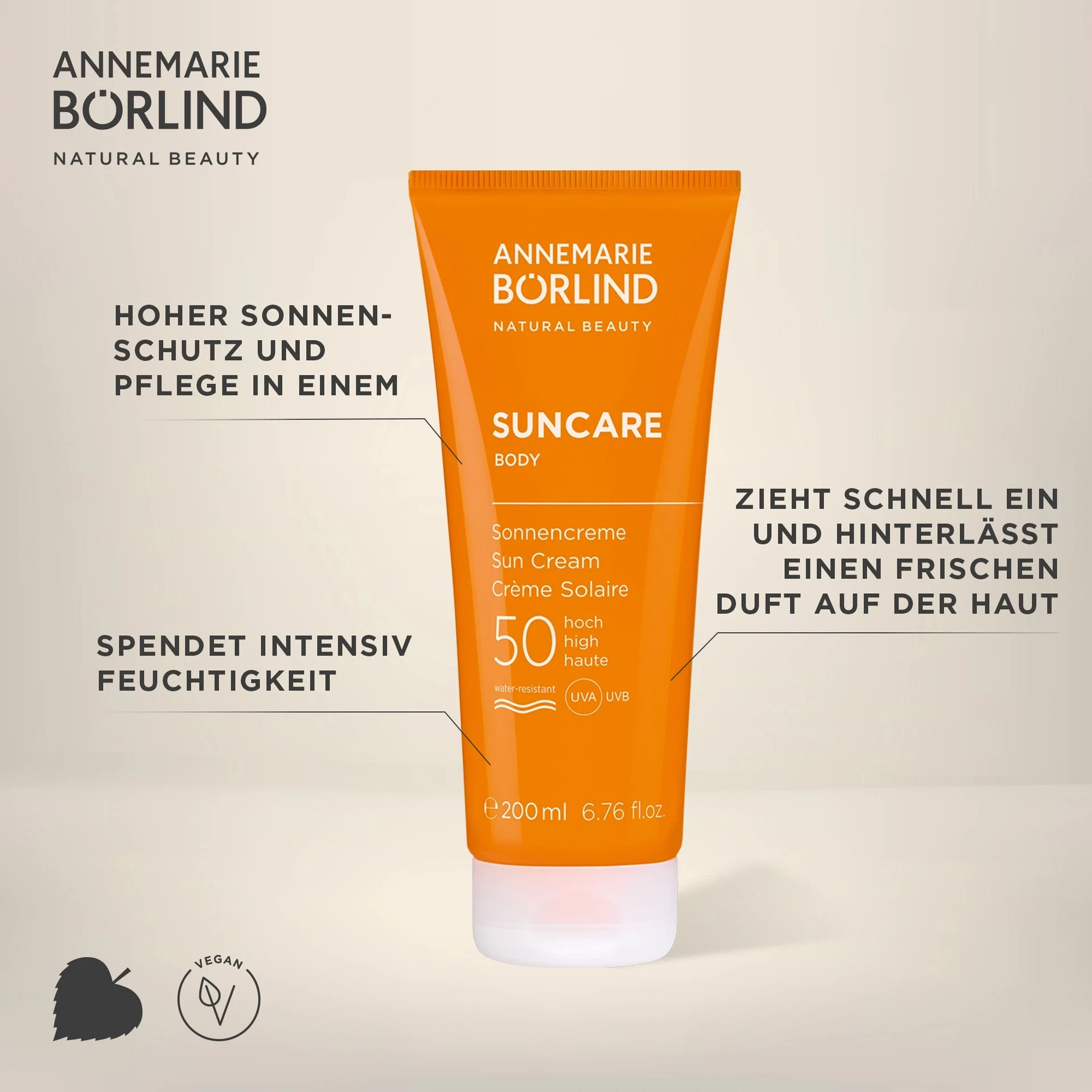 ANNEMARIE BÖRLIND SUNCARE Body Sonnencreme LSF 50, 200 ml, schnell einziehend, feuchtigkeitsspendend, vegan