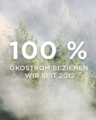 Wald mit Nebel im Hintergrund und Text „100 % Ökostrom beziehen wir seit 2012“ in weißer Schrift