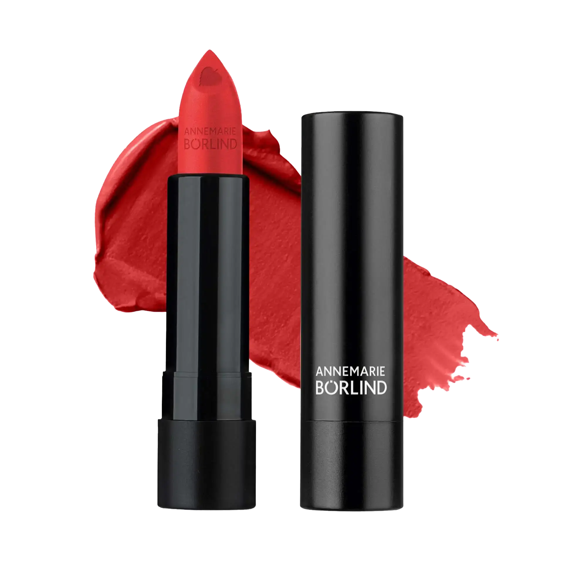 ANNEMARIE BÖRLIND Lippenstift Paris Red in mattem Rot mit Herz-Prägung und schwarzer Hülse