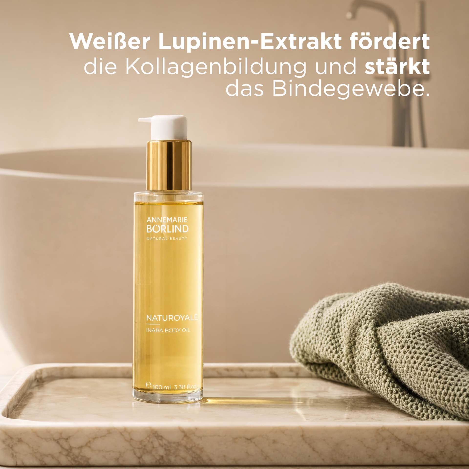 NATUROYALE BODY OIL 100ml Flasche mit USP vor Badewanne