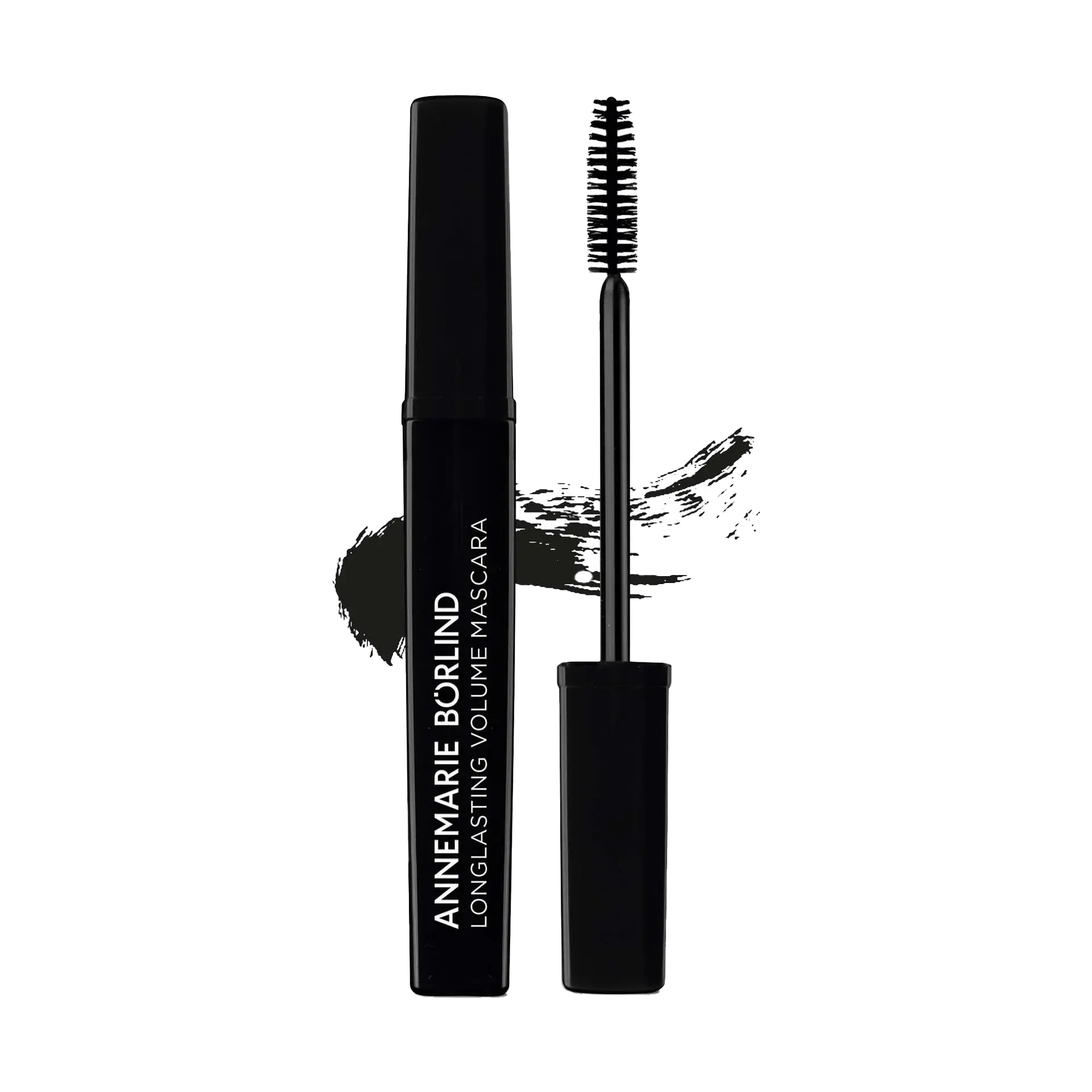 ANNEMARIE BÖRLIND Longlasting Volume Mascara mit schwarzem Bürstchen und Farbstrich im Hintergrund