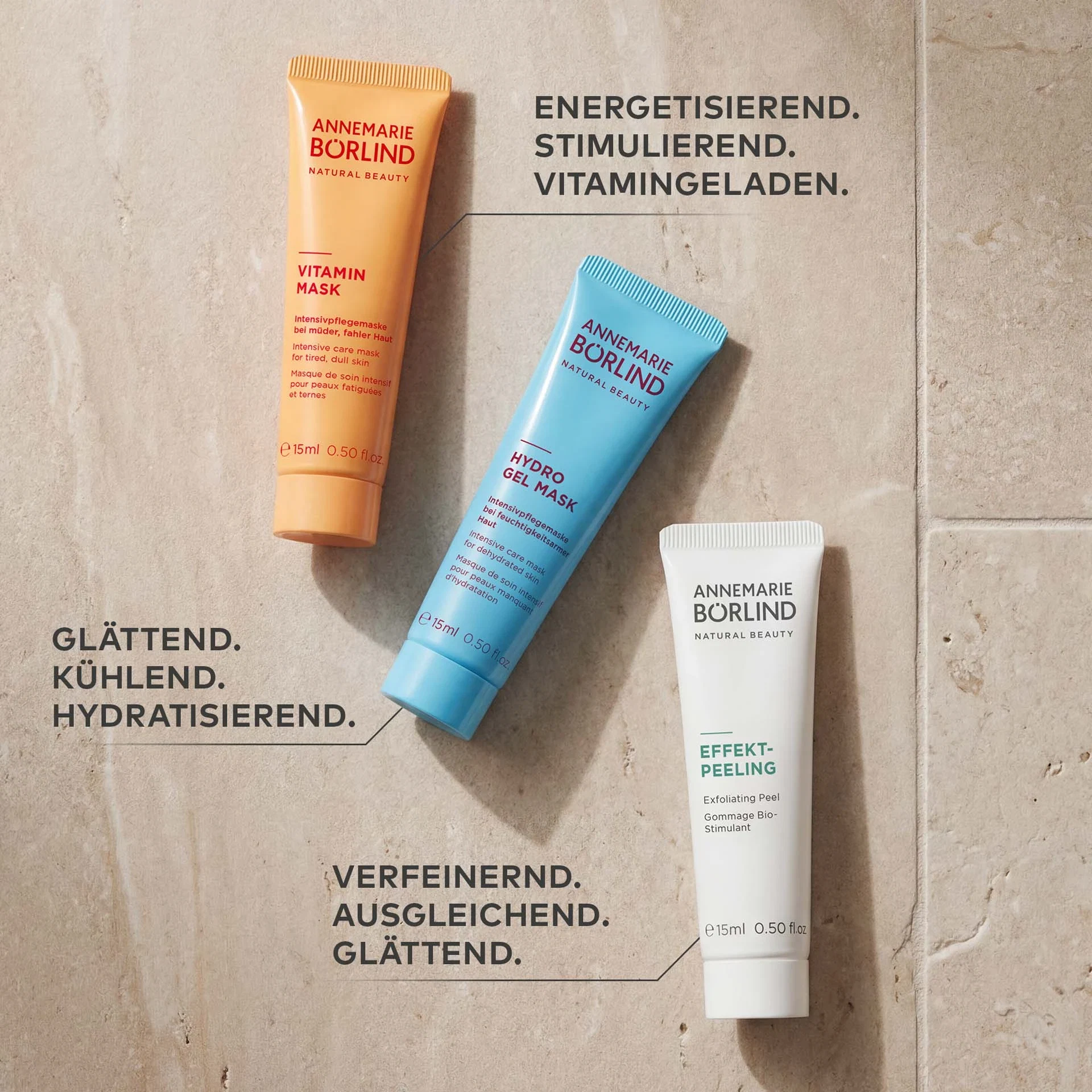 ANNEMARIE BÖRLIND Wellness Moments Set, Abbildung der Hydro Gel Mask, Vitamin Mask und Effektpeeling mit jeweiligen Vorteilen