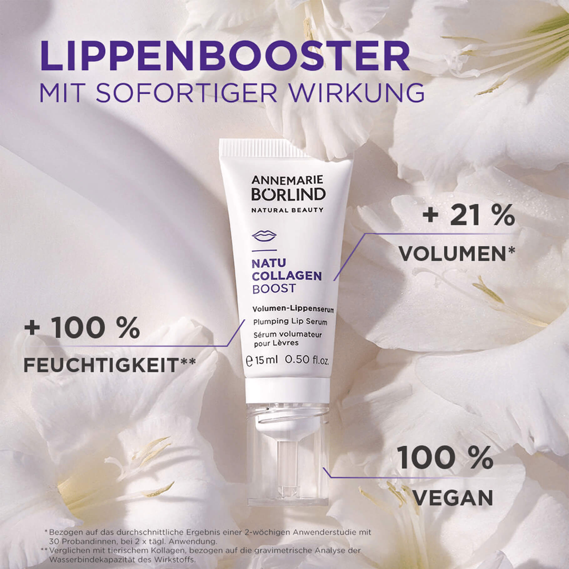 ANNEMARIE BÖRLIND NATU COLLAGEN BOOST Volumen-Lippenserum mit +21 % Volumen, +100 % Feuchtigkeit, 100 % vegan