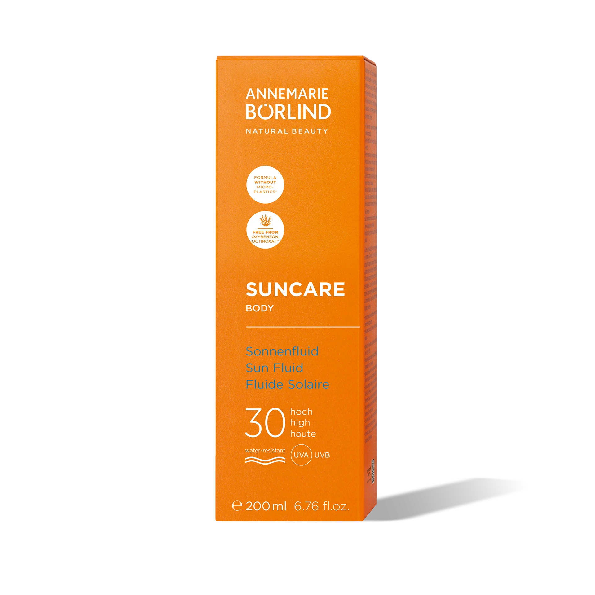 ANNEMARIE BÖRLIND Suncare Body Sonnenfluid LSF 30, wasserresistent, 200 ml Verpackung vor schwarzem Hintergrund