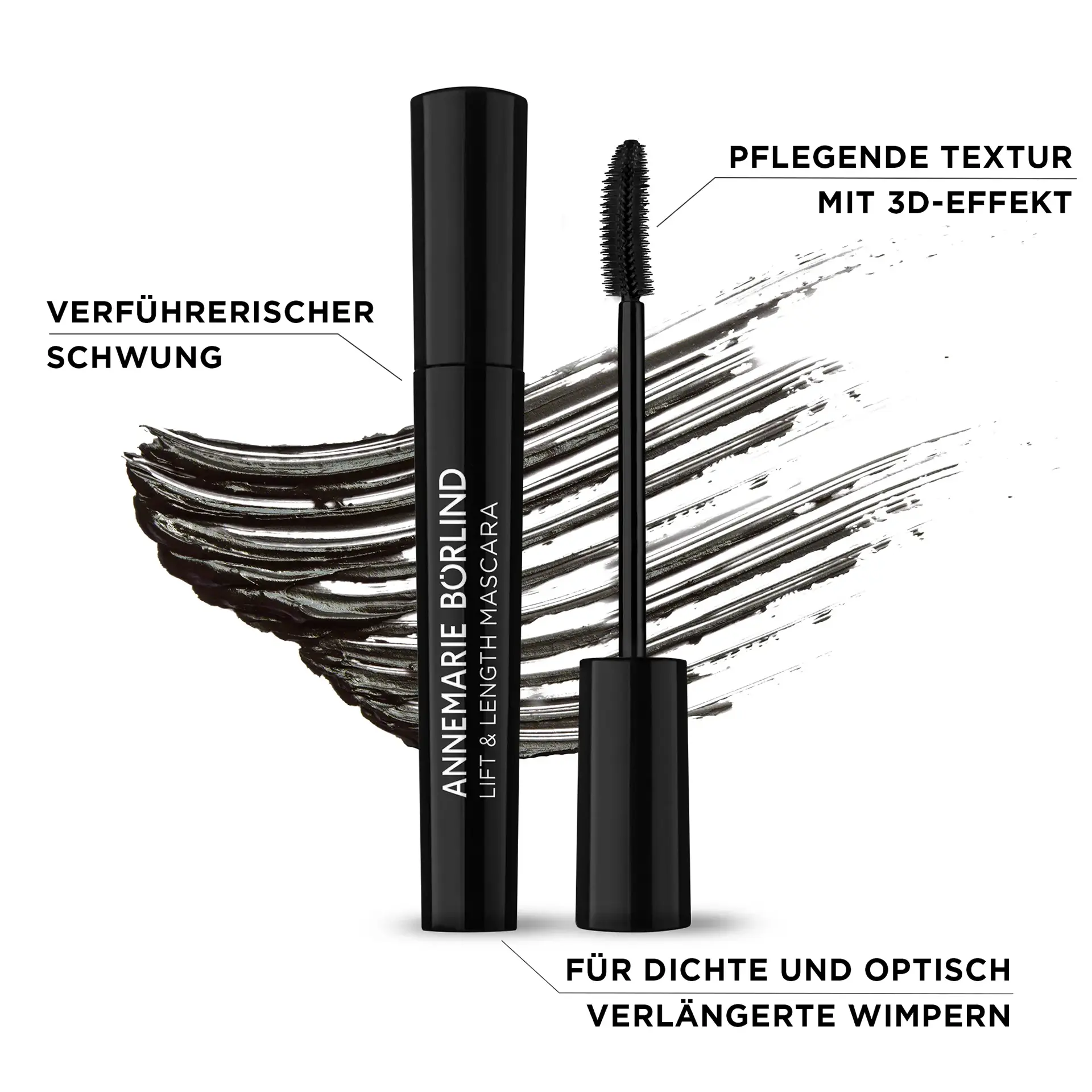 ANNEMARIE BÖRLIND Lift & Length Mascara mit schwarzem Bürstchen und Mascara-Strich im Hintergrund und USPs