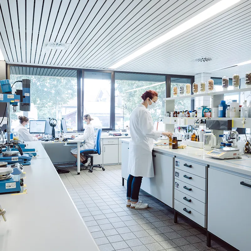 Mitarbeitende im hellen Labor von ANNEMARIE BÖRLIND arbeiten mit Rohstoffen und moderner Labortechnik