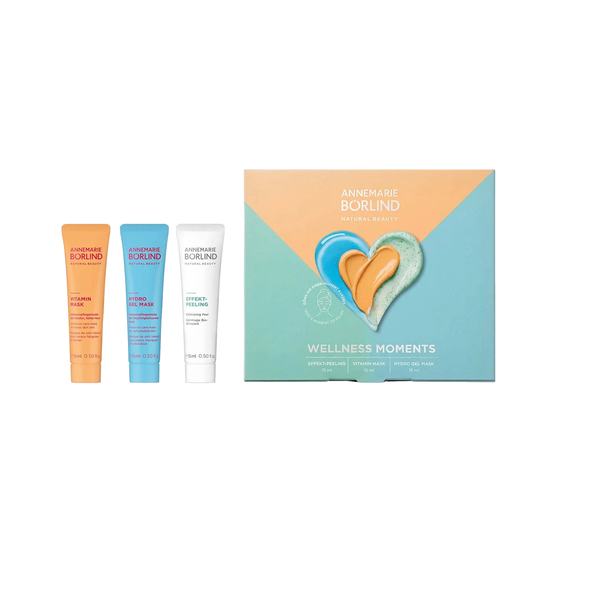 ANNEMARIE BÖRLIND Wellness Moments Set, Abbildung der Hydro Gel Mask, Vitamin Mask und Effektpeeling neben der Faltschachtel