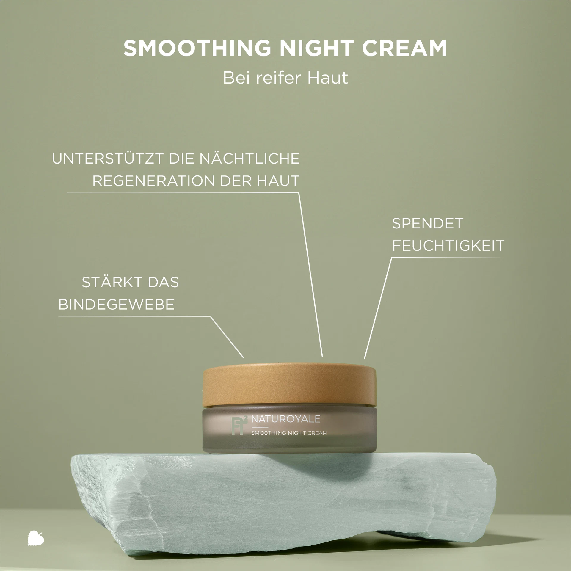 NATUROYALE Smoothing Night Cream auf Stein mit Text zu Hautregeneration, Feuchtigkeit und Stärkung des Bindegewebes