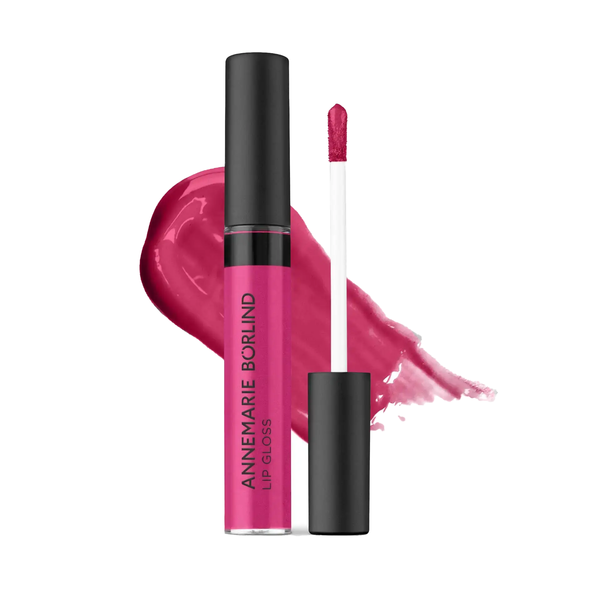 ANNEMARIE BÖRLIND Lip Gloss in Pink mit Applikator und Farbswatch im Hintergrund