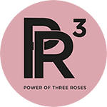 Logo mit schwarzem Schriftzug "PR³" und Text "POWER OF THREE ROSES" auf rosa Hintergrund