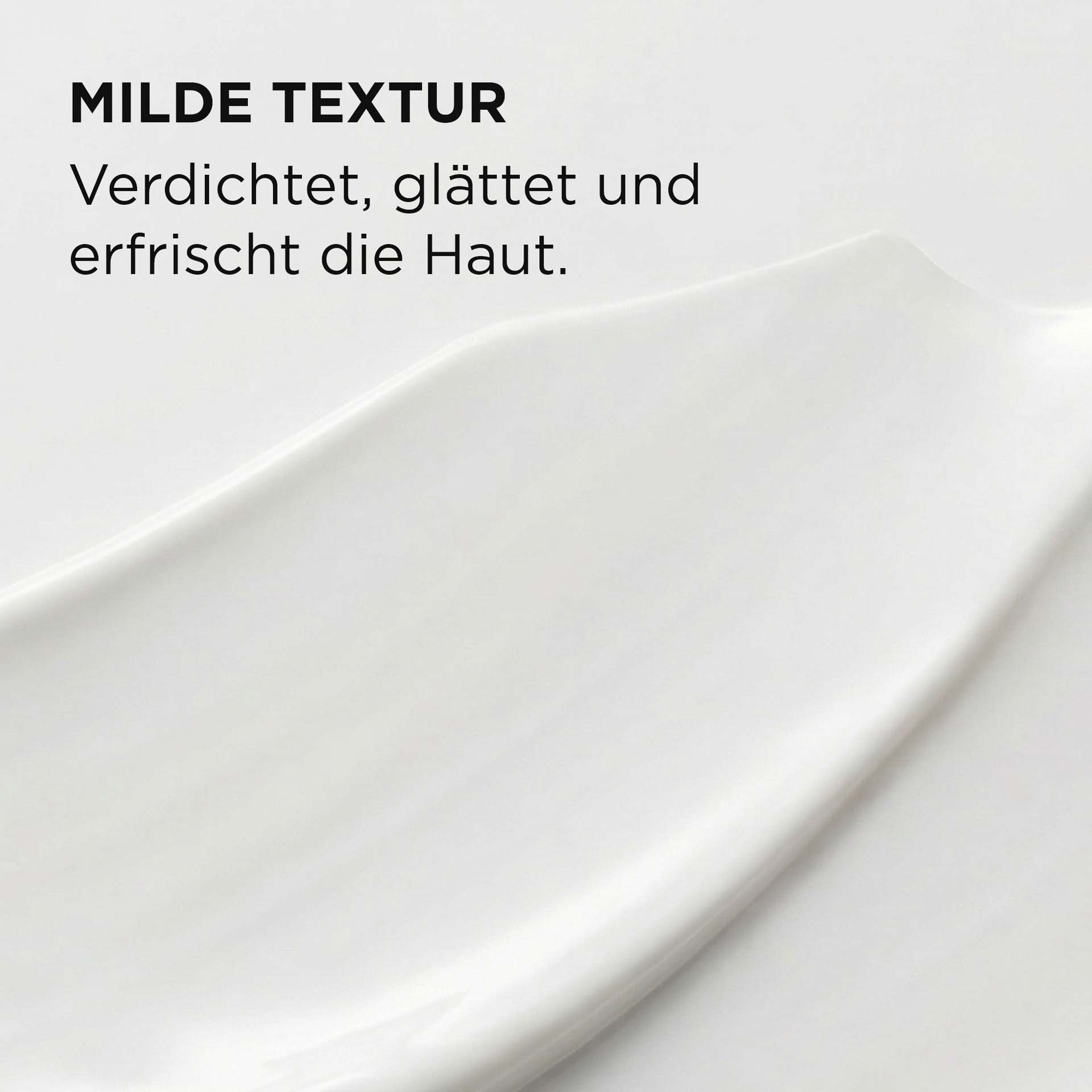 Sanfte, weiße Emulsionscreme-Textur auf beigem Hintergrund, cremig und leicht glänzend mit Beschreibung