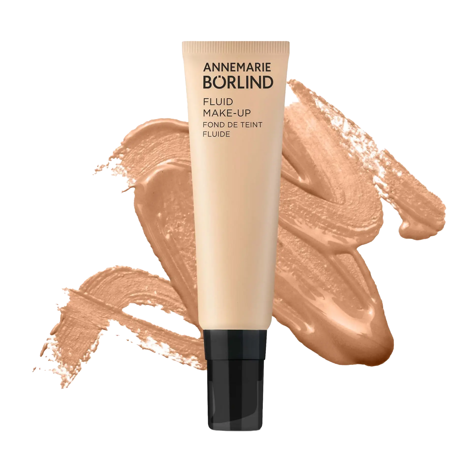ANNEMARIE BÖRLIND Fluid Make-up in Beige mit schwarzem Verschluss vor Make-up-Swatch in hellem Braun