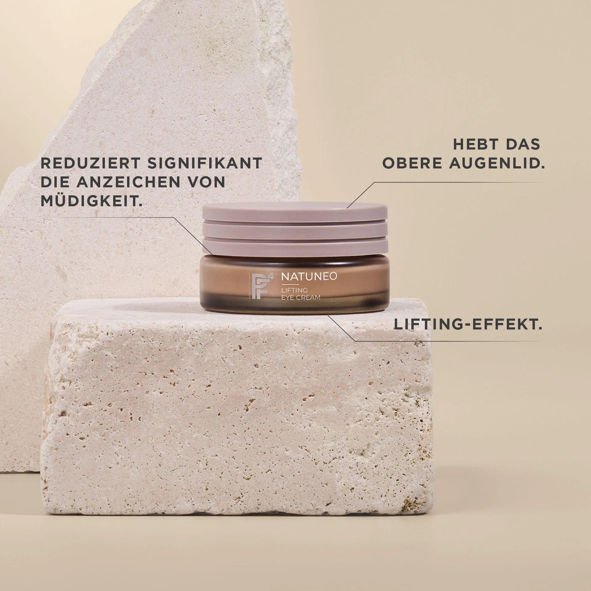 NATUNEO Lifting Eye Cream auf Steinblock mit Text zu Lifting-Effekt und Reduzierung von Müdigkeitsanzeichen
